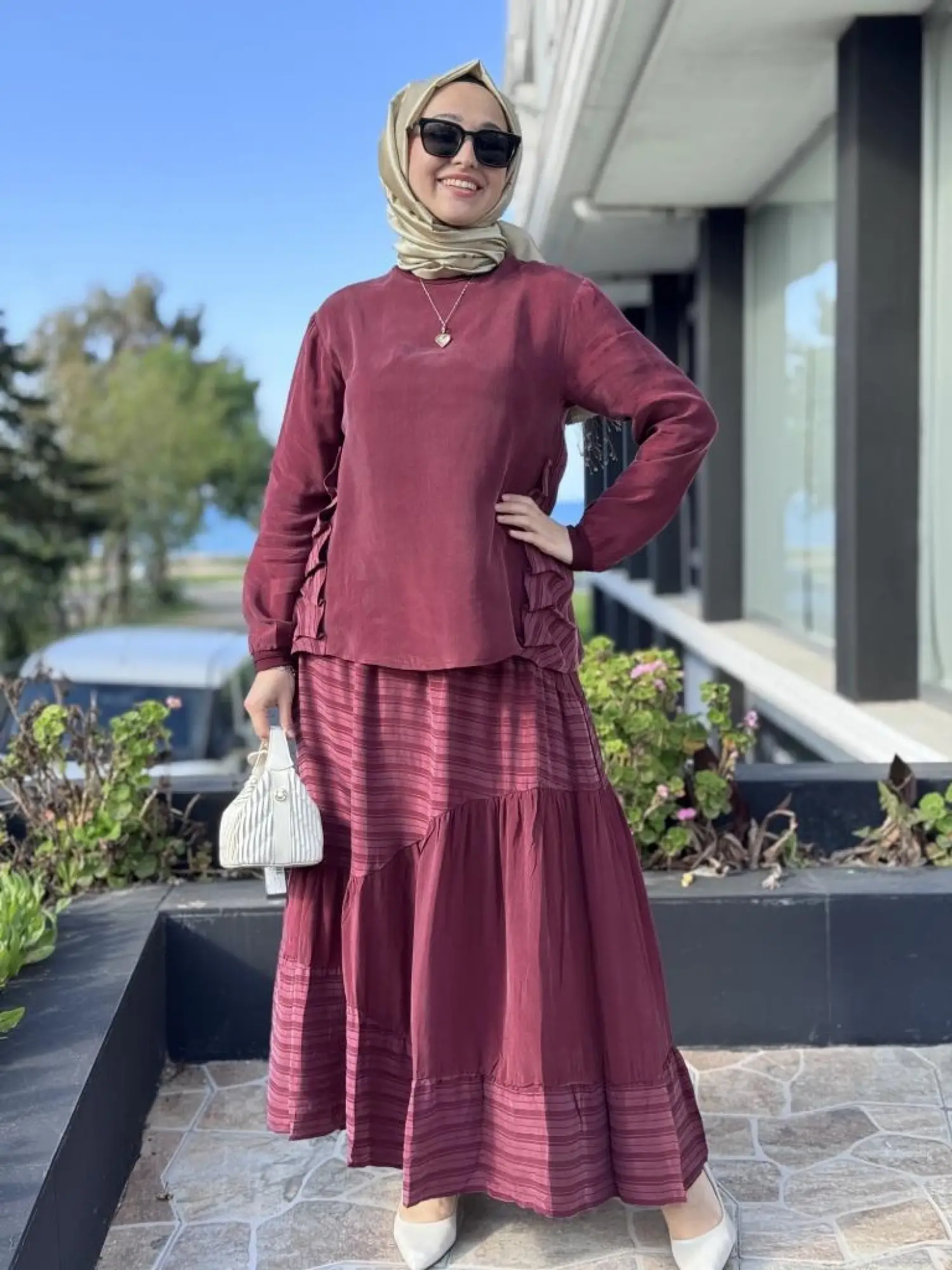 Misswhence Çizgi Detaylı Cupra Bluz Etek Takım 37016