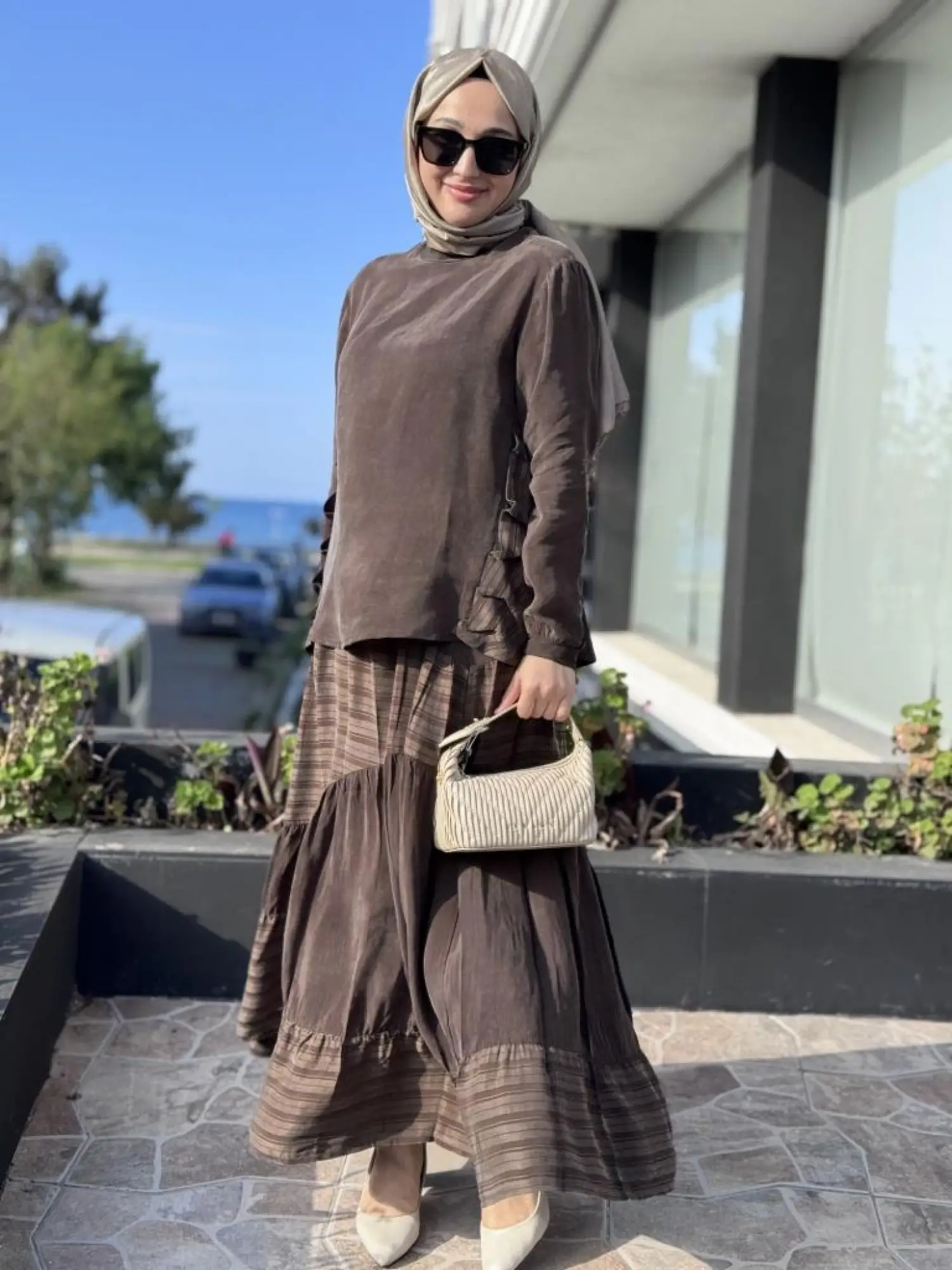 Misswhence Çizgi Detaylı Cupra Bluz Etek Takım 37016