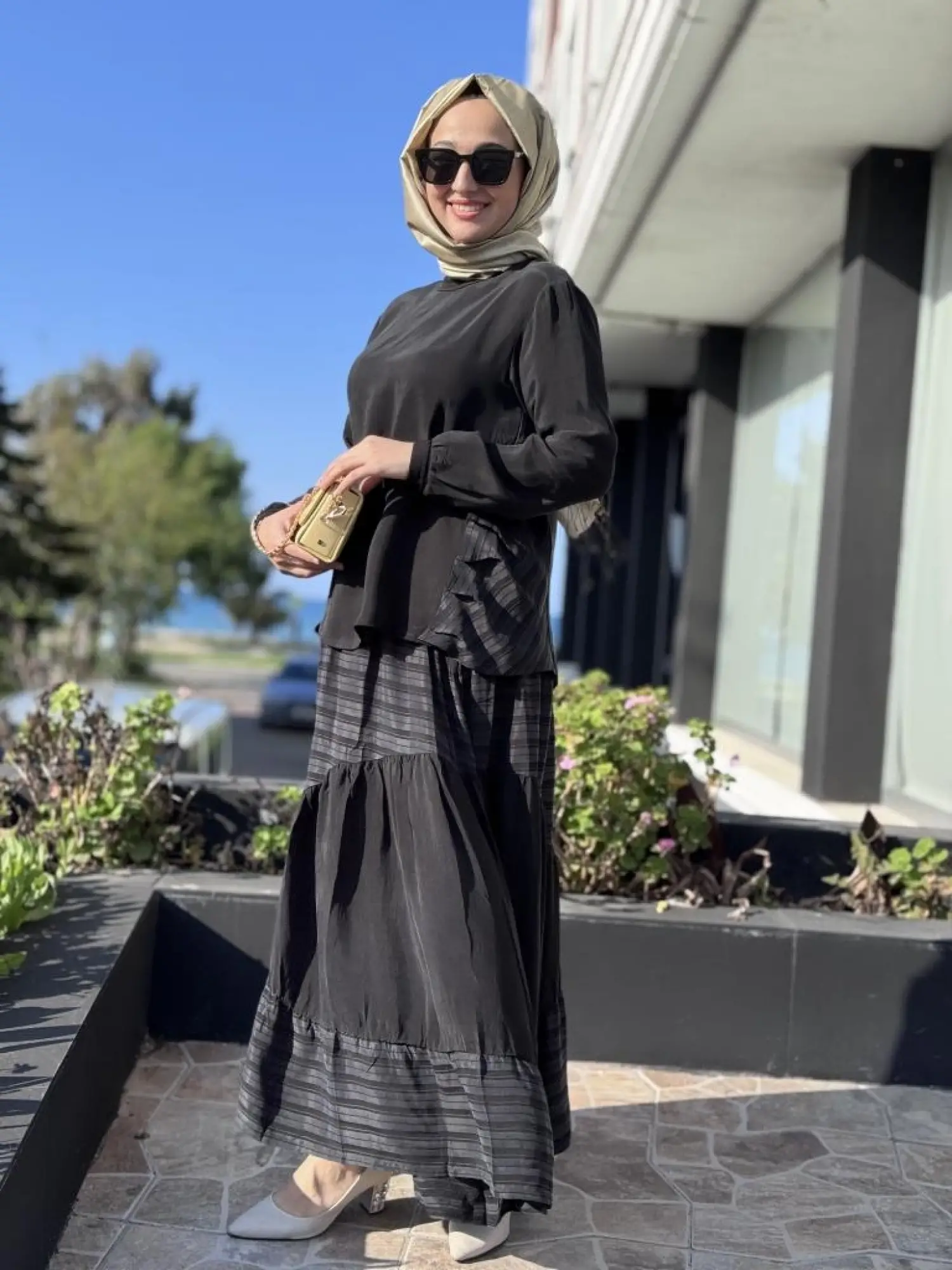 Misswhence Çizgi Detaylı Cupra Bluz Etek Takım 37016