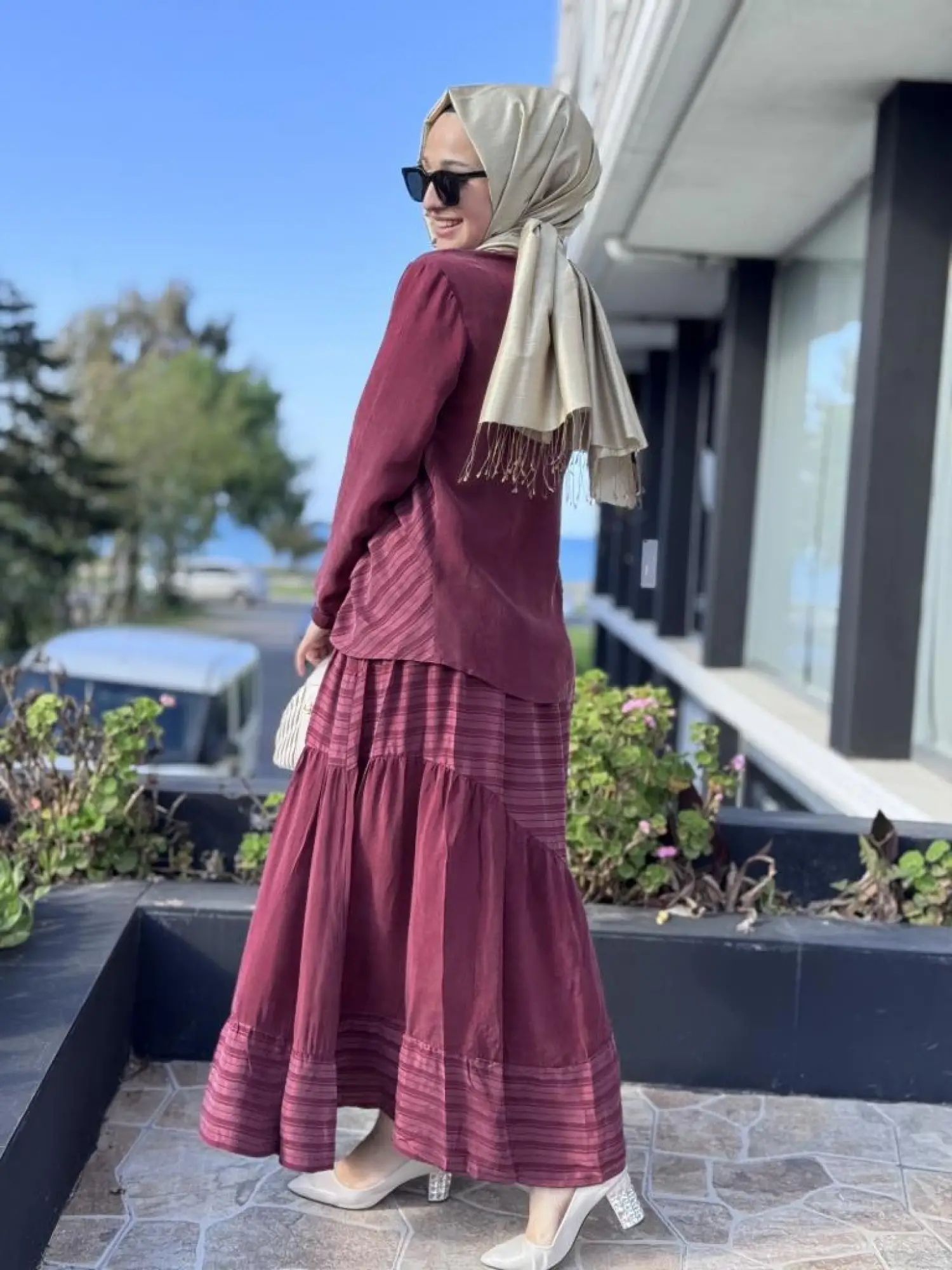 Misswhence Çizgi Detaylı Cupra Bluz Etek Takım 37016