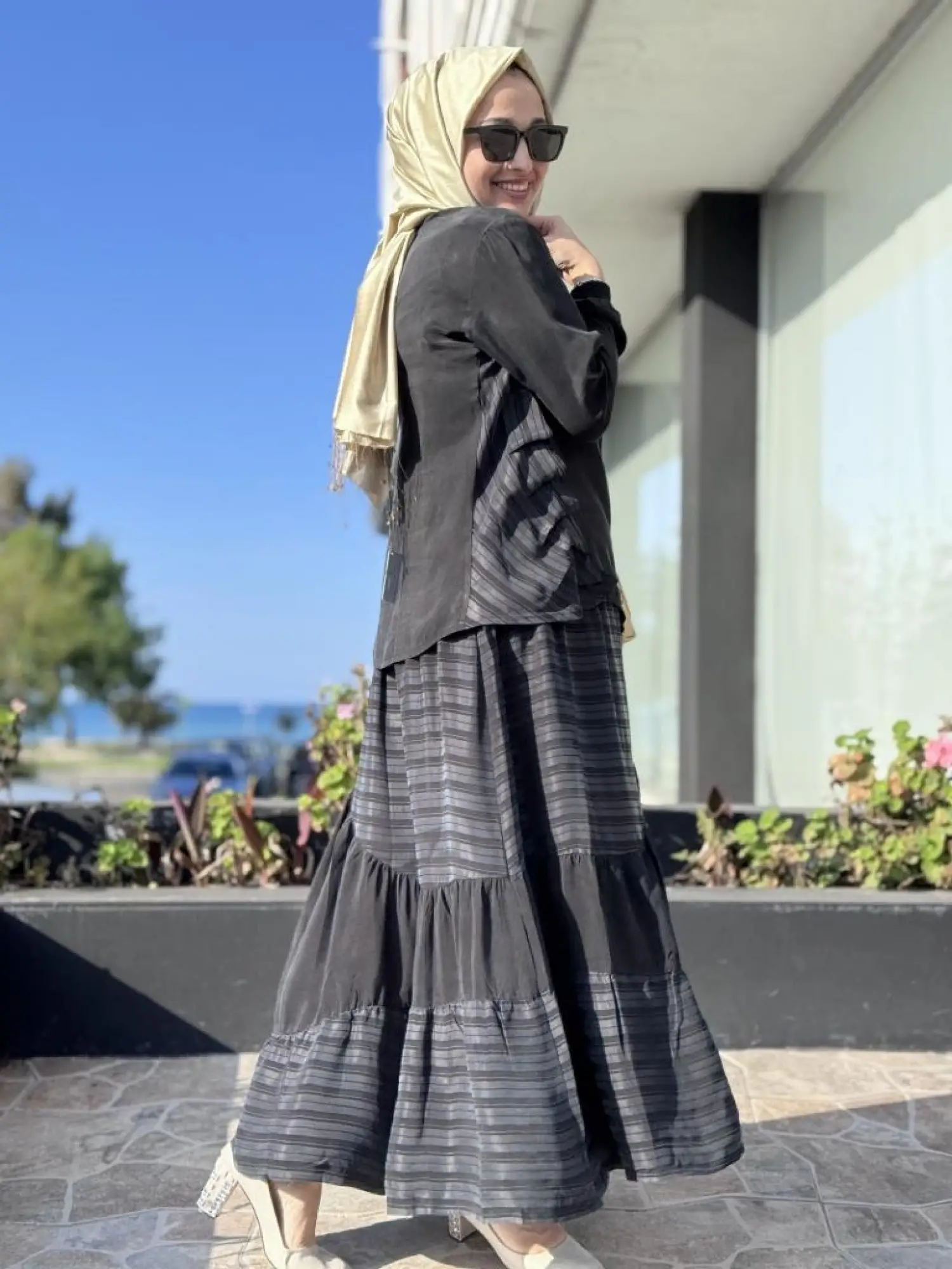 Misswhence Çizgi Detaylı Cupra Bluz Etek Takım 37016