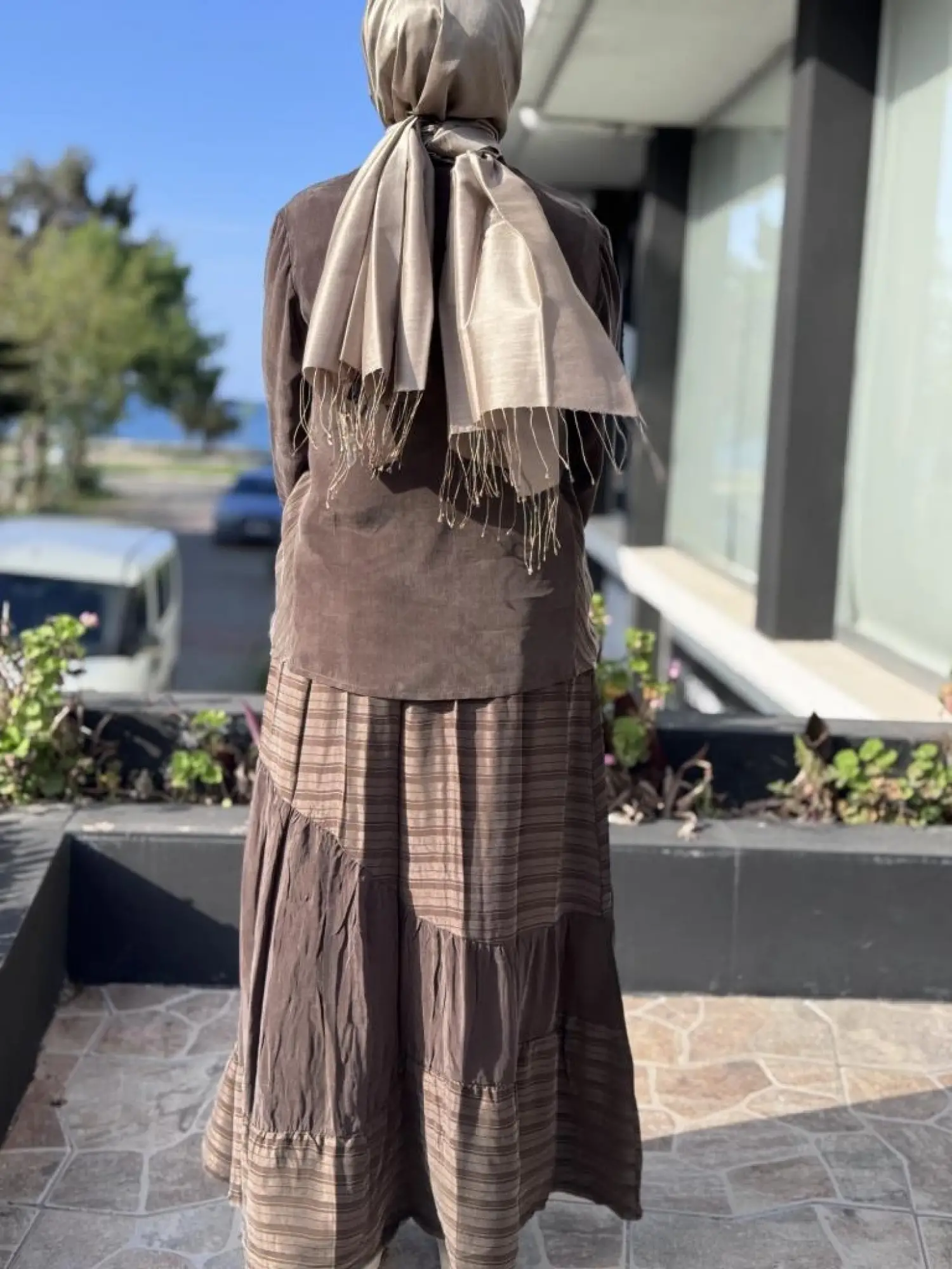 Misswhence Çizgi Detaylı Cupra Bluz Etek Takım 37016