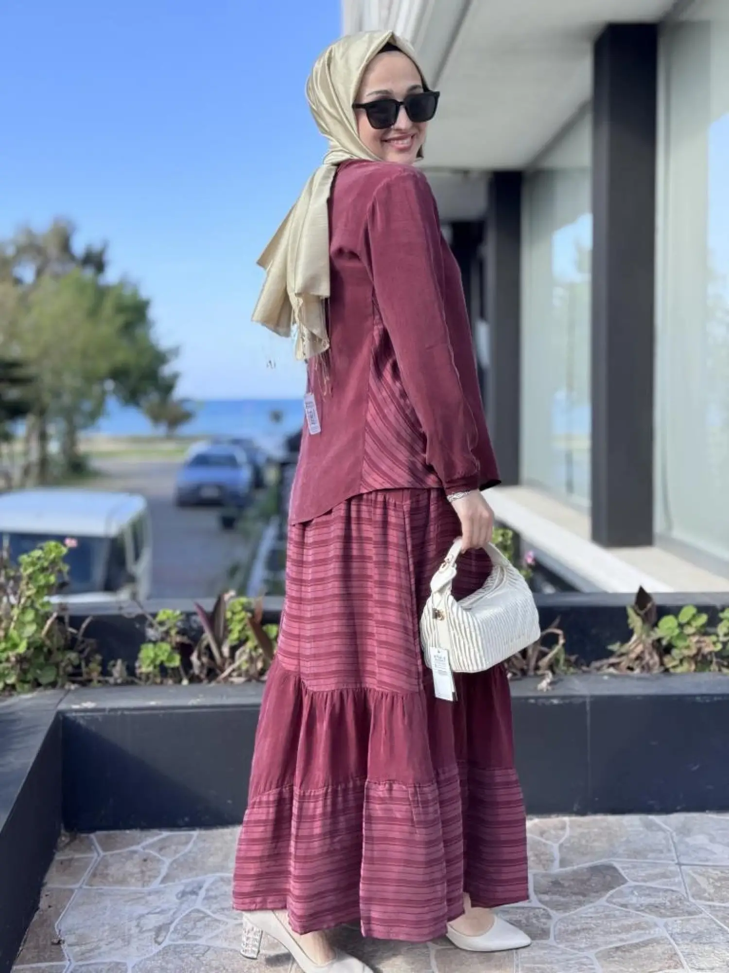 Misswhence Çizgi Detaylı Cupra Bluz Etek Takım 37016