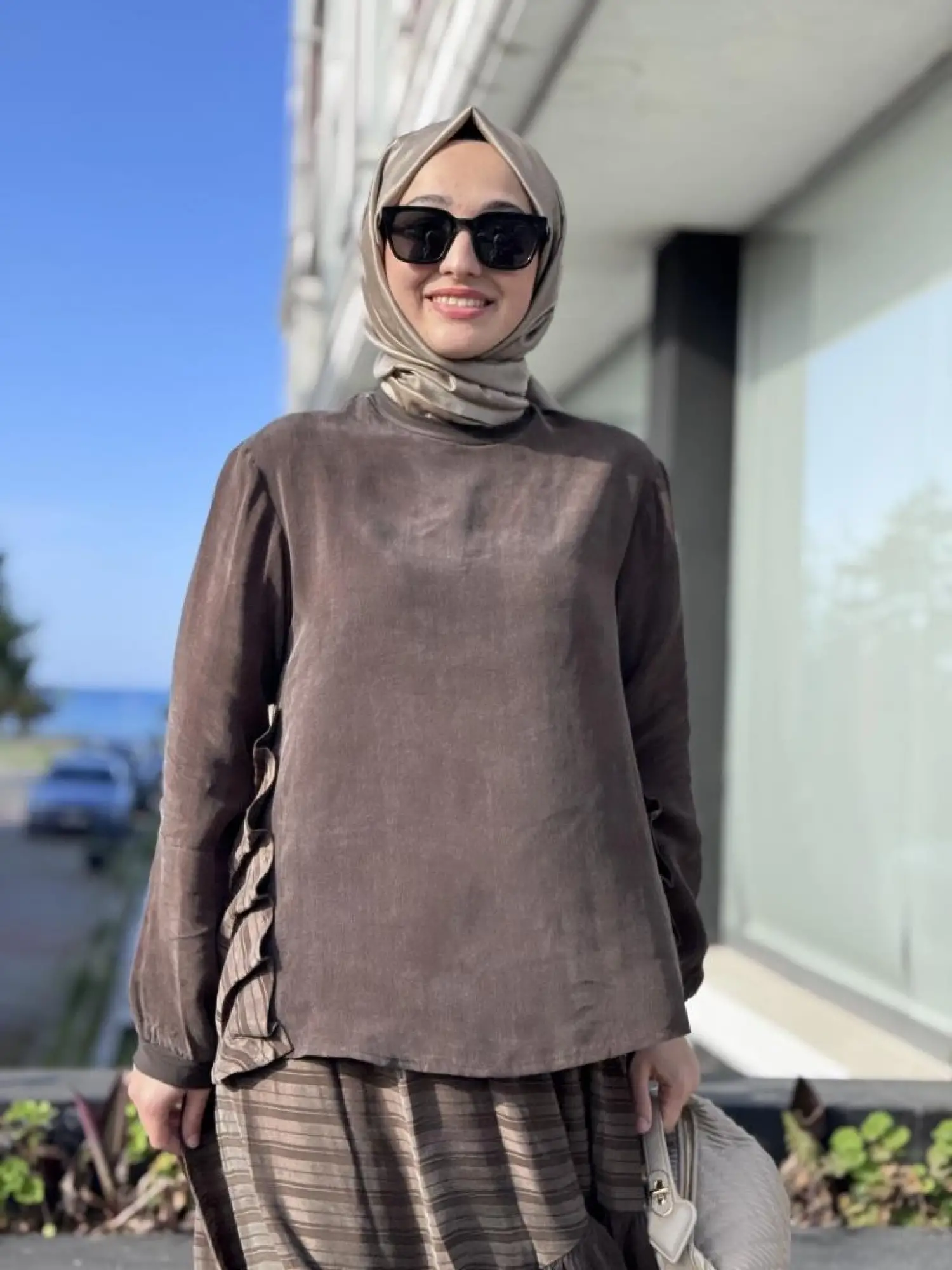 Misswhence Çizgi Detaylı Cupra Bluz Etek Takım 37016