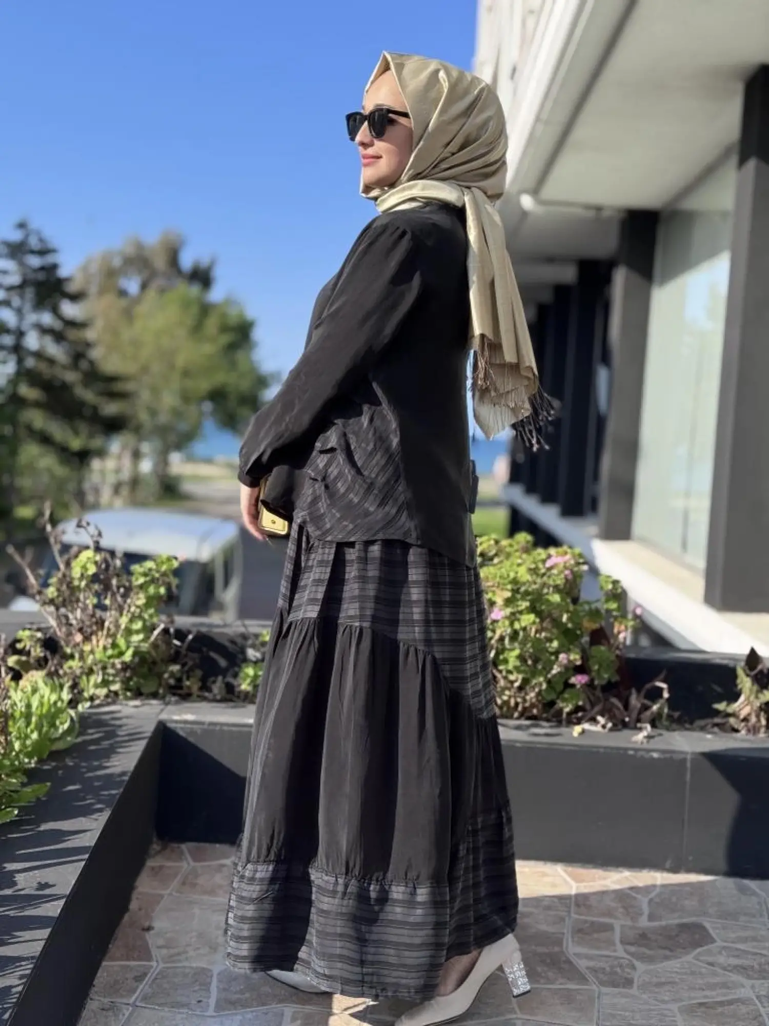 Misswhence Çizgi Detaylı Cupra Bluz Etek Takım 37016