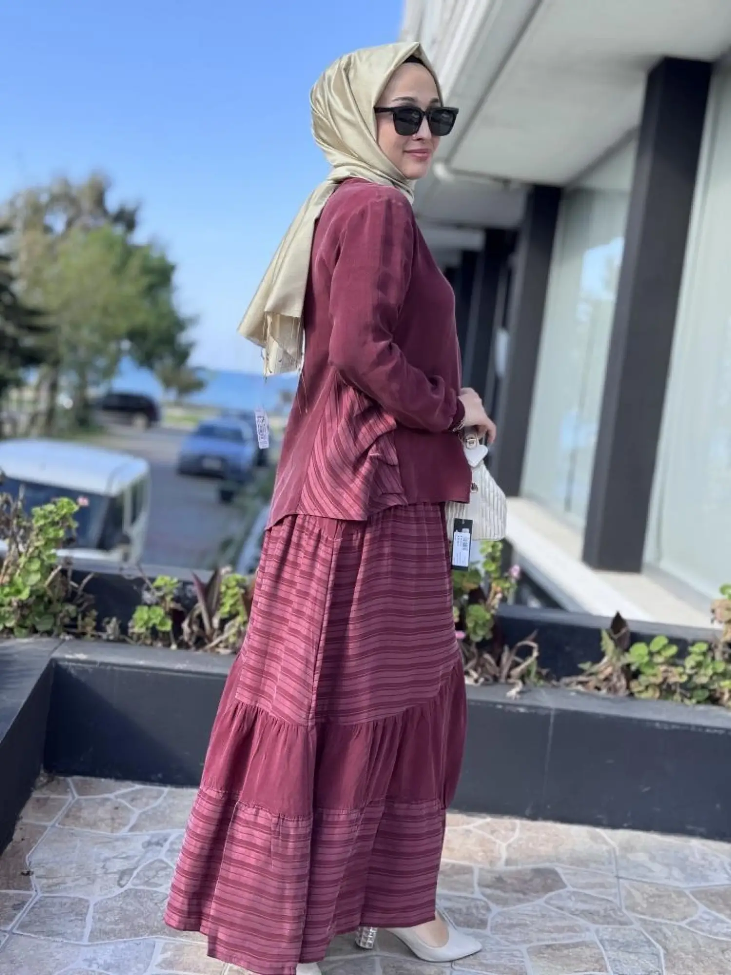 Misswhence Çizgi Detaylı Cupra Bluz Etek Takım 37016