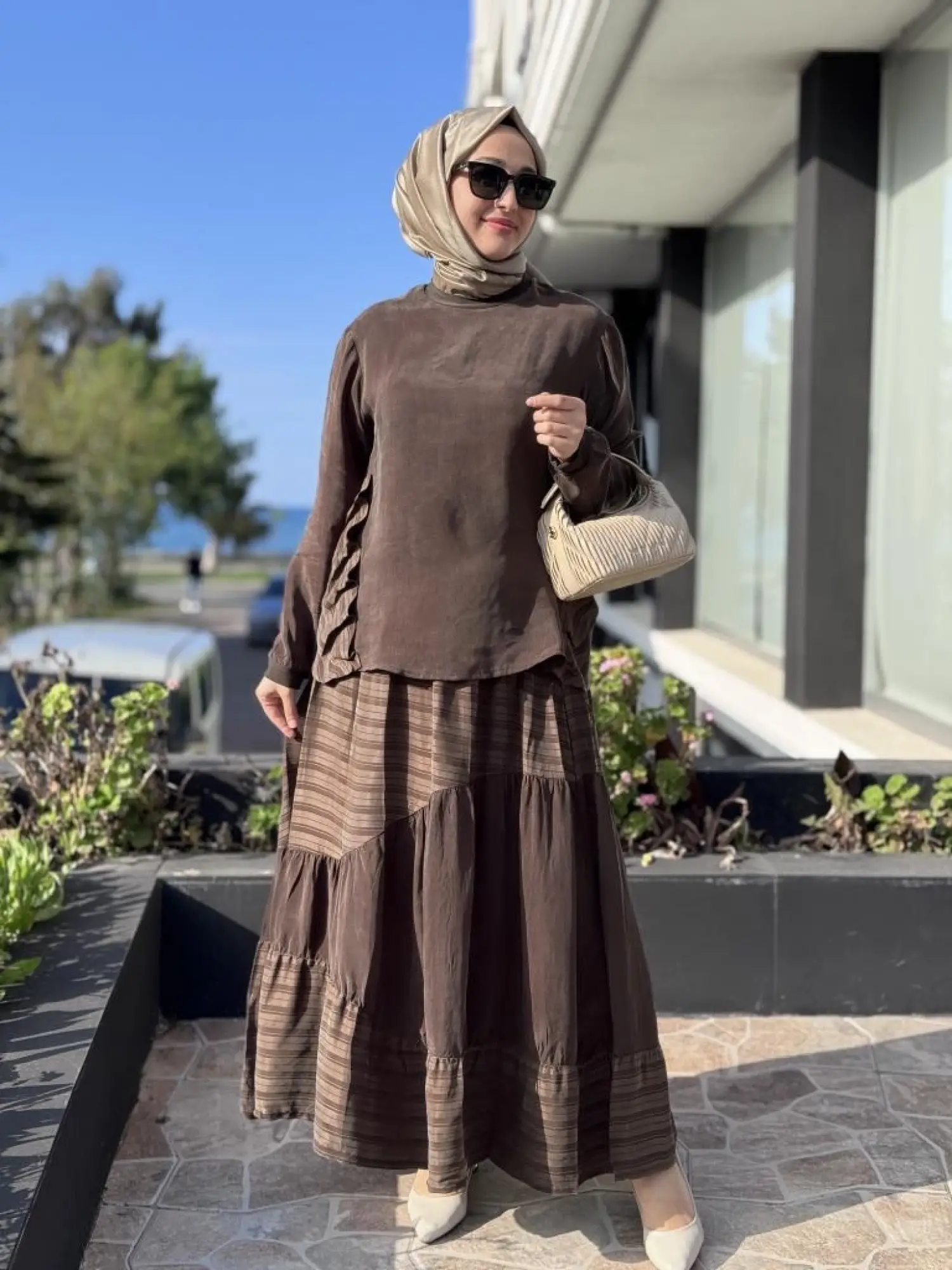 Misswhence Çizgi Detaylı Cupra Bluz Etek Takım 37016