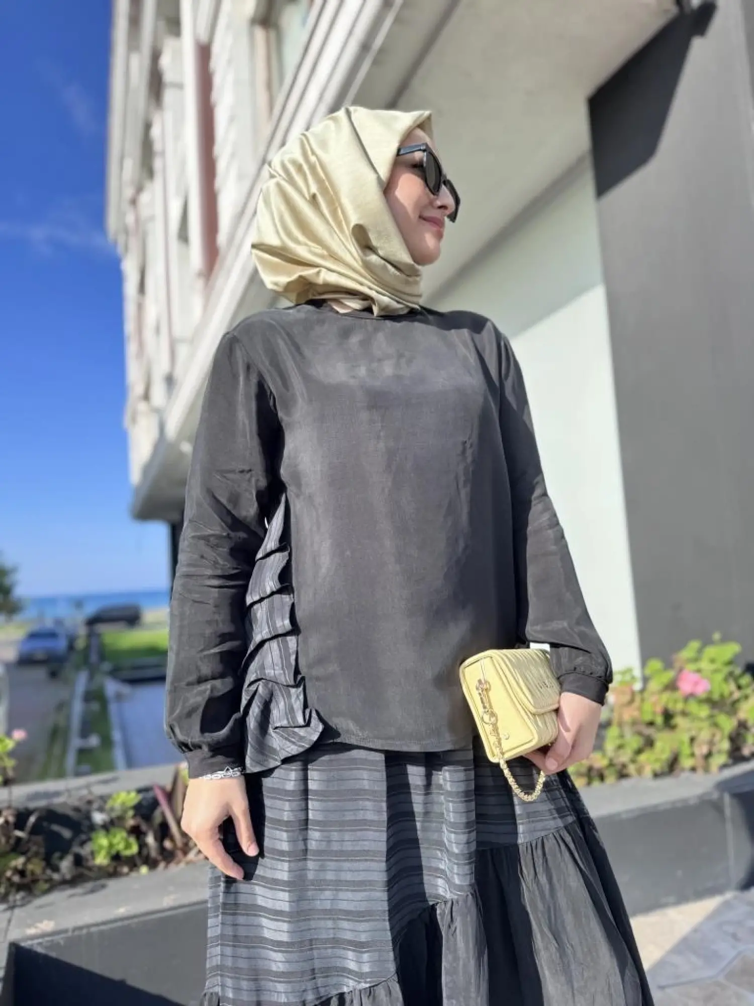 Misswhence Çizgi Detaylı Cupra Bluz Etek Takım 37016