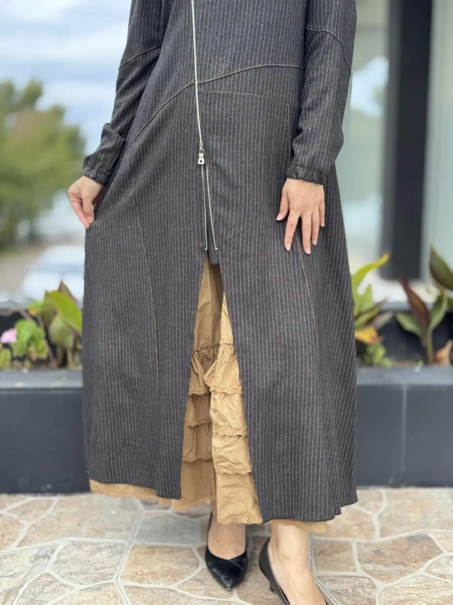 Misswhence Çizgi Detaylı Fermuarlı İkili Elbise 38812