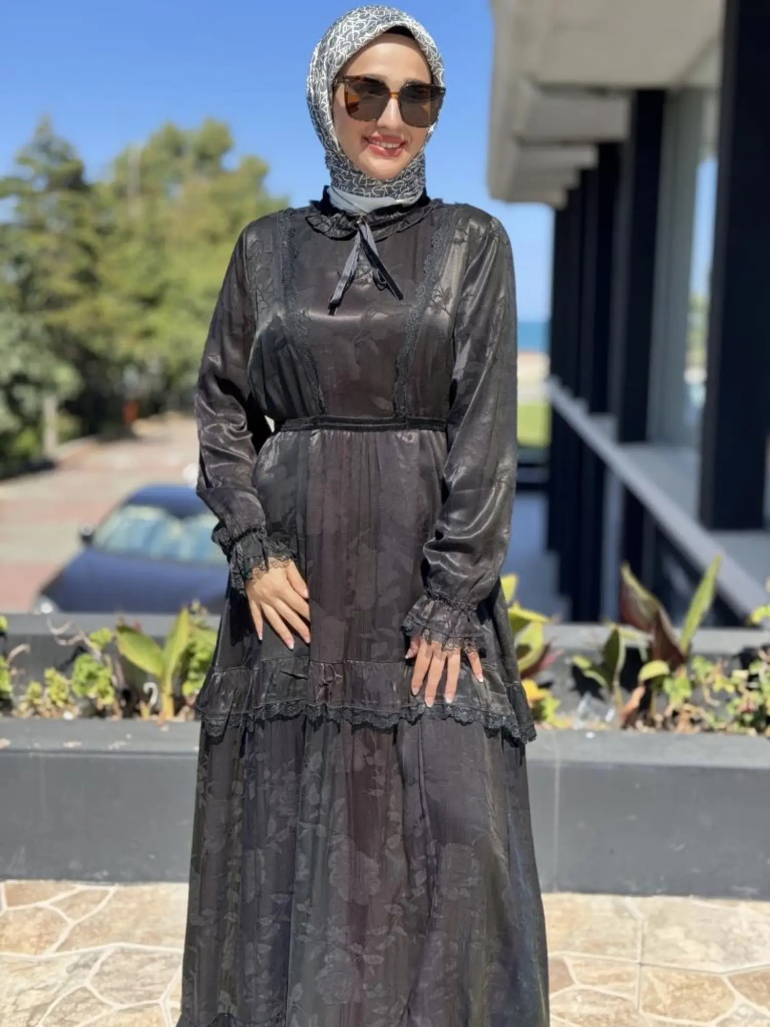 Misswhence Dantel Detaylı Jakarlı Cupra İpek Elbise 38805