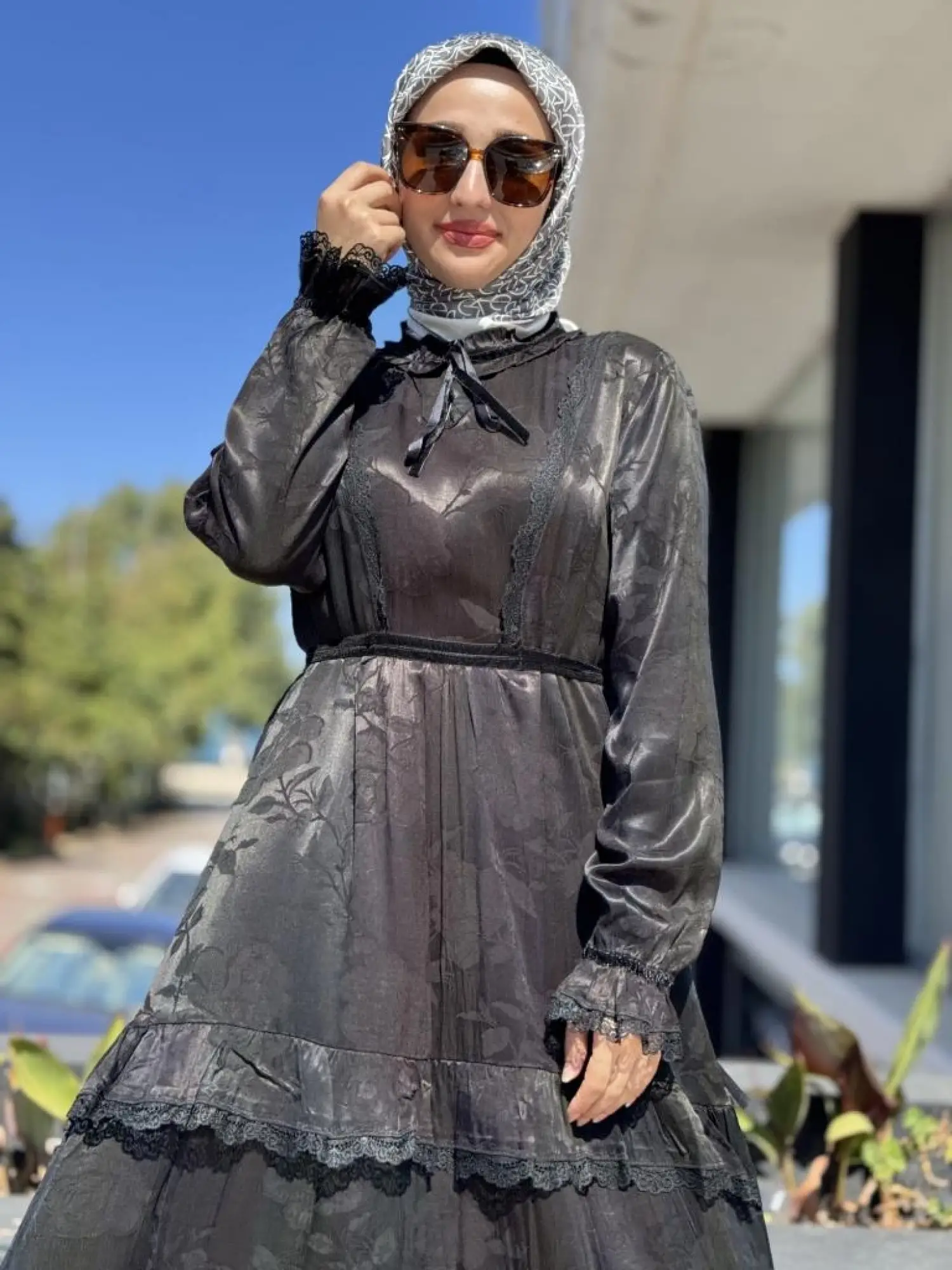 Misswhence Dantel Detaylı Jakarlı Cupra İpek Elbise 38805