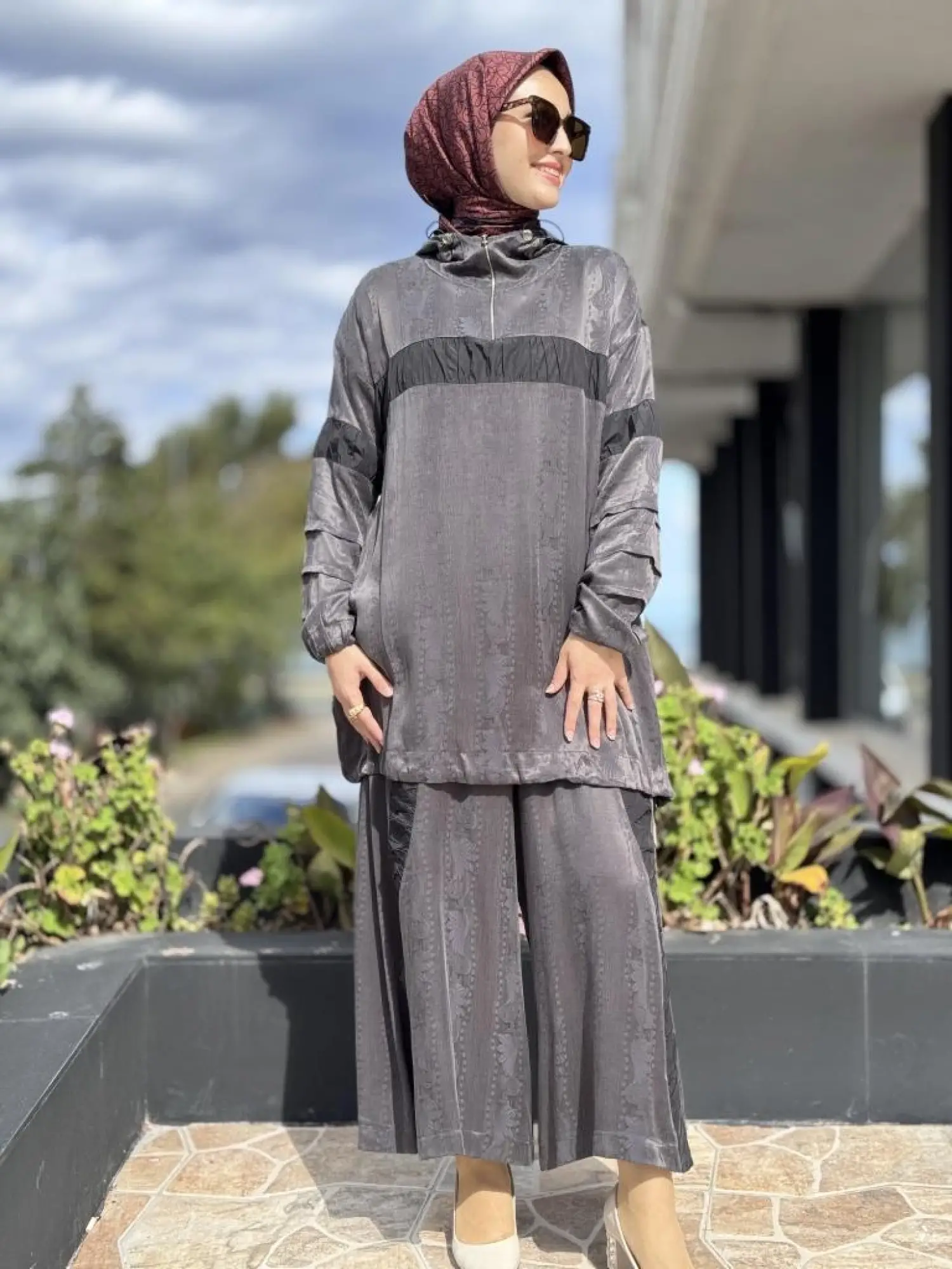 Misswhence Drape Teknik Kumaş Detaylı İpek Tunik Pantolon Takım 38034