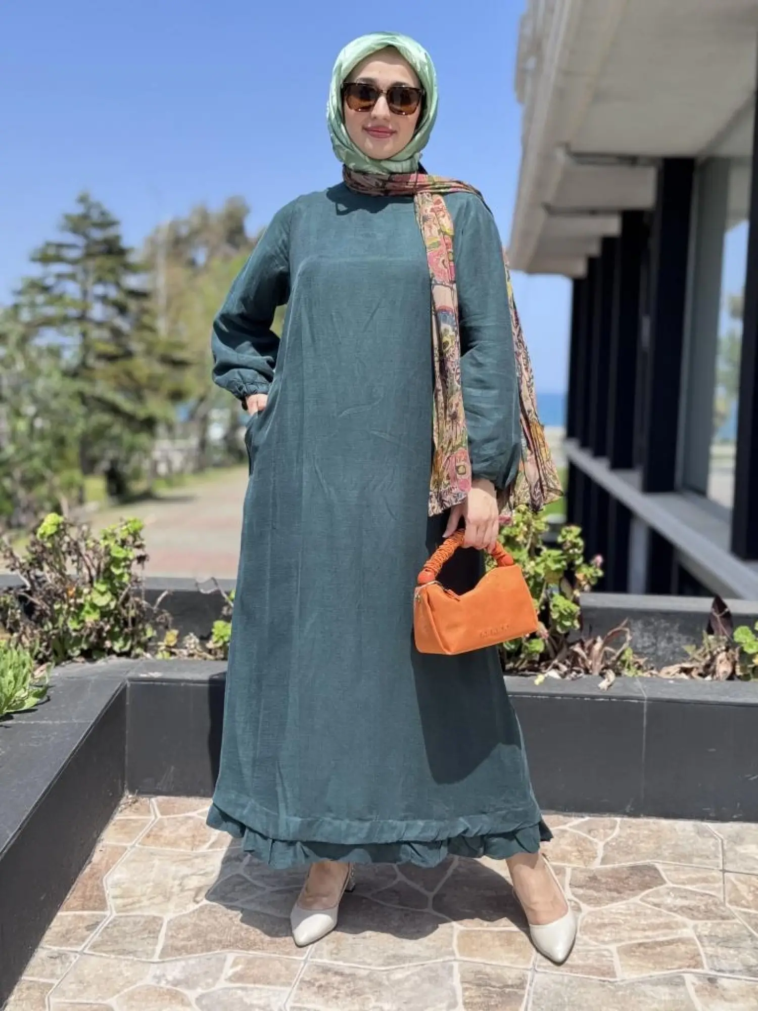 Misswhence Fular Ve Cep Detaylı  Büyük Beden Keten Elbise V3135