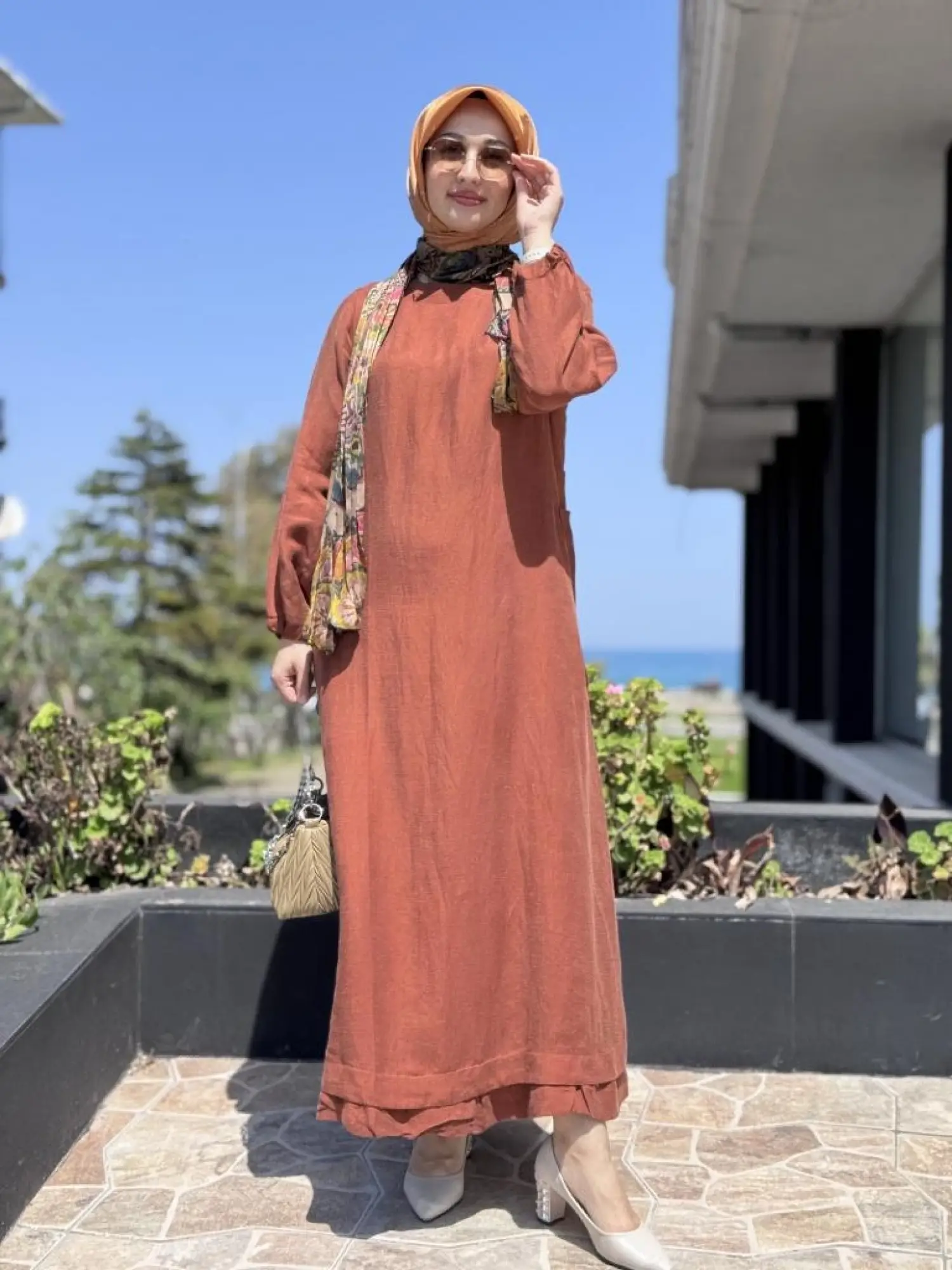 Misswhence Fular Ve Cep Detaylı  Büyük Beden Keten Elbise V3135