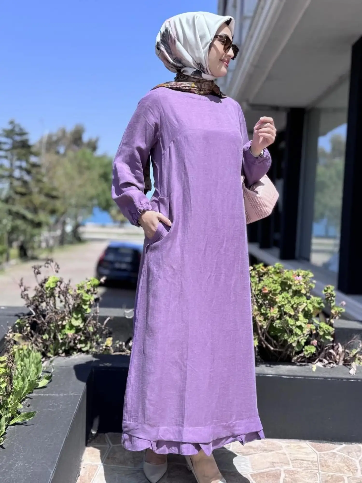 Misswhence Fular Ve Cep Detaylı  Büyük Beden Keten Elbise V3135