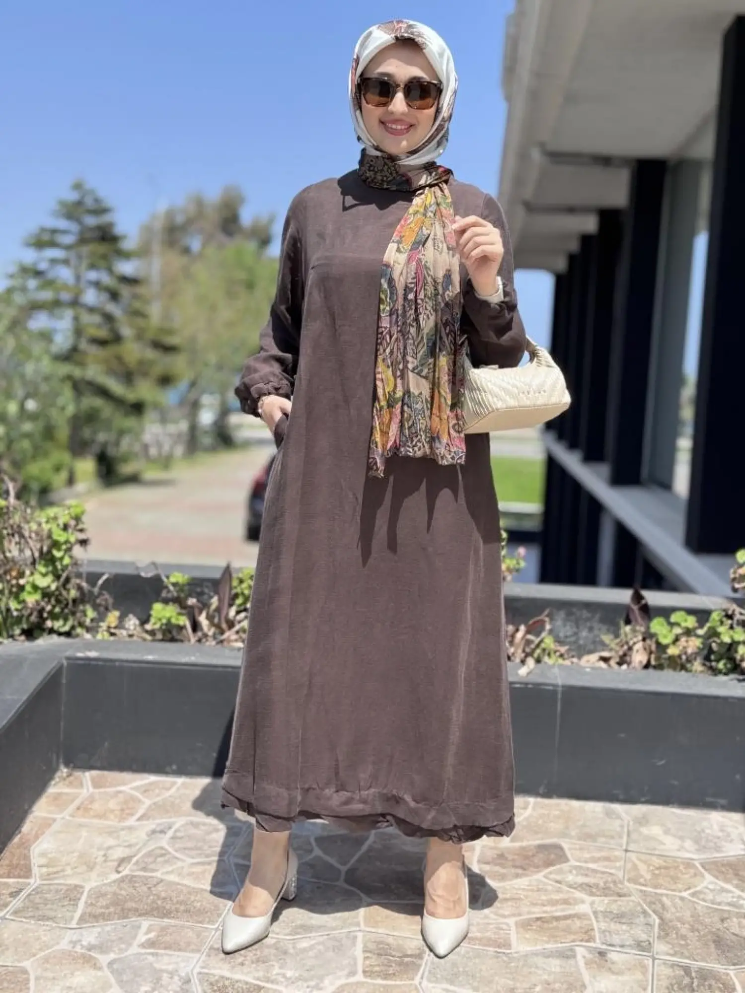 Misswhence Fular Ve Cep Detaylı  Büyük Beden Keten Elbise V3135