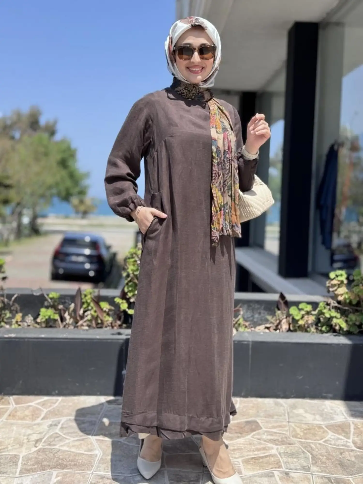 Misswhence Fular Ve Cep Detaylı  Büyük Beden Keten Elbise V3135