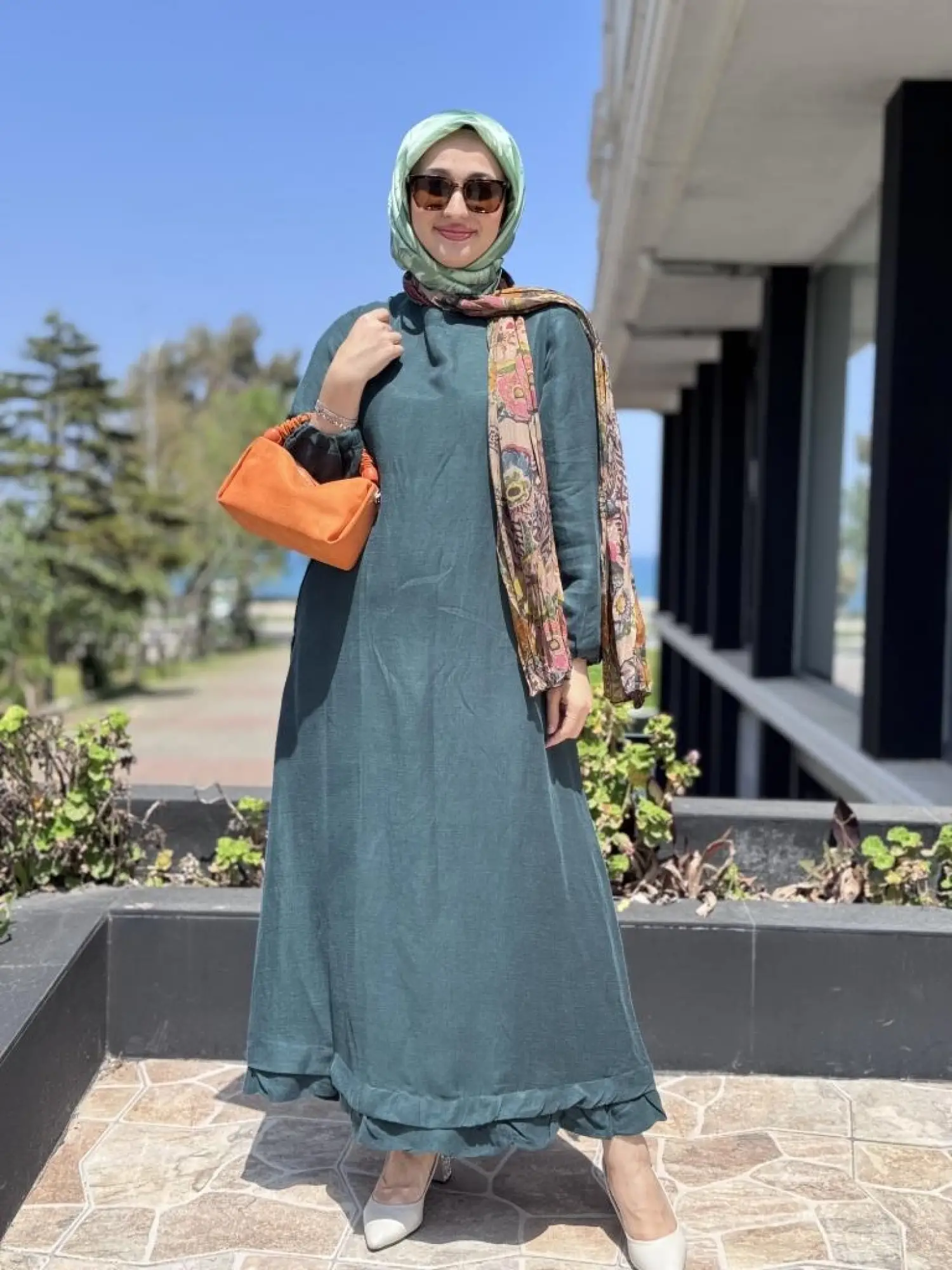 Misswhence Fular Ve Cep Detaylı  Büyük Beden Keten Elbise V3135