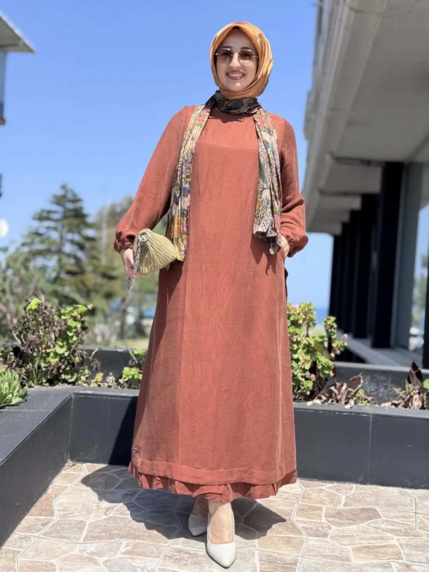 Misswhence Fular Ve Cep Detaylı  Büyük Beden Keten Elbise V3135