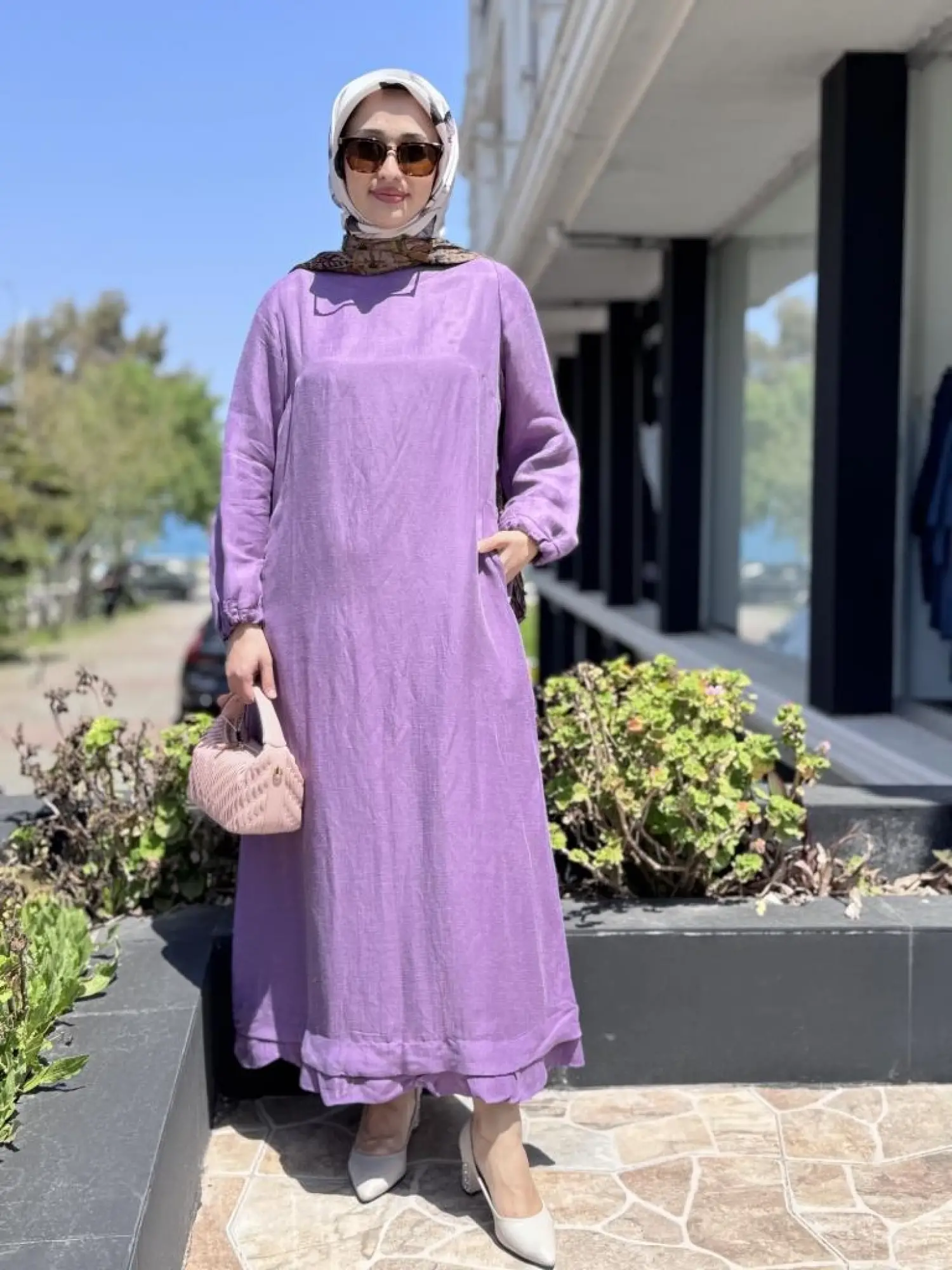 Misswhence Fular Ve Cep Detaylı  Büyük Beden Keten Elbise V3135