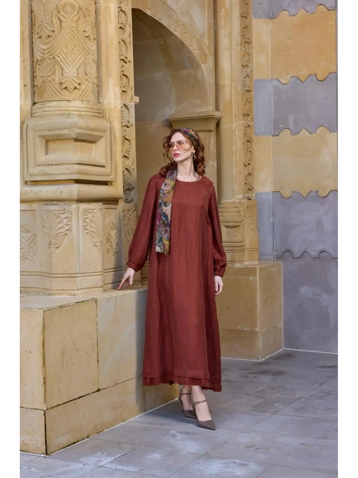 Misswhence Fular Ve Cep Detaylı  Büyük Beden Keten Elbise V3135