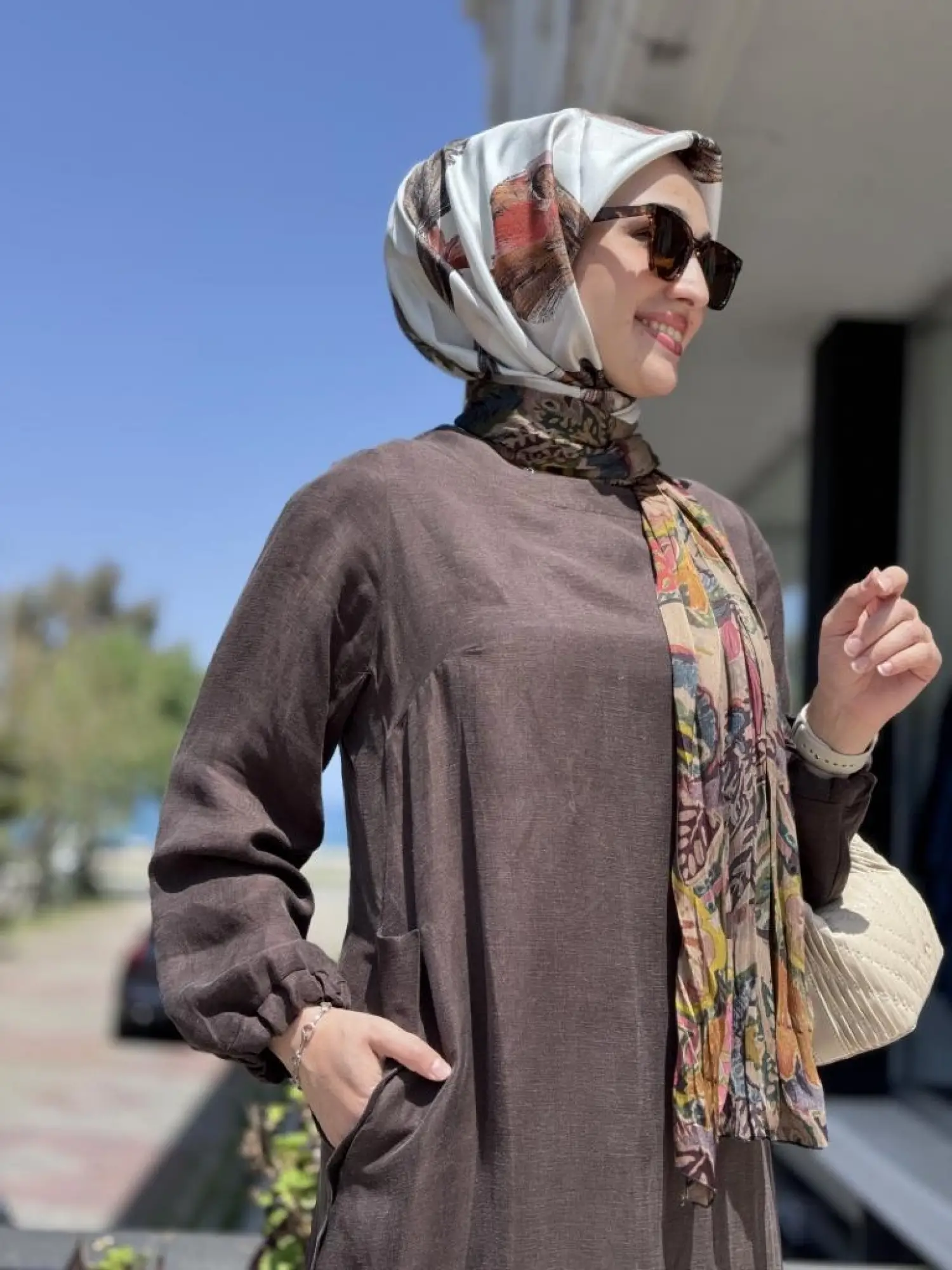 Misswhence Fular Ve Cep Detaylı  Büyük Beden Keten Elbise V3135