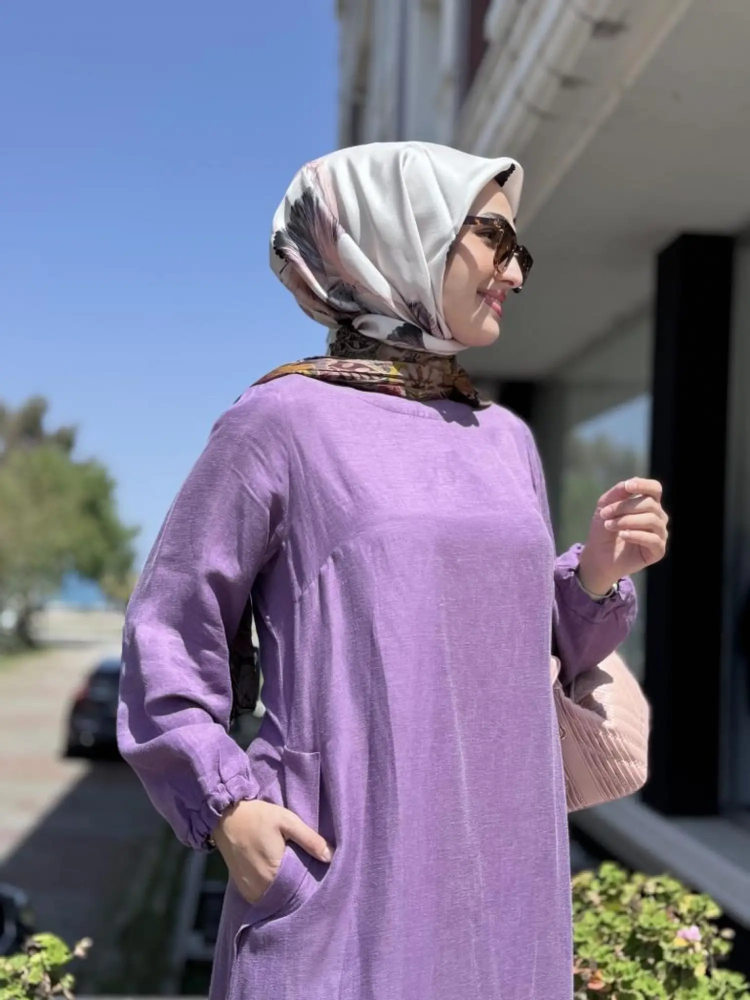 Misswhence Fular Ve Cep Detaylı  Büyük Beden Keten Elbise V3135