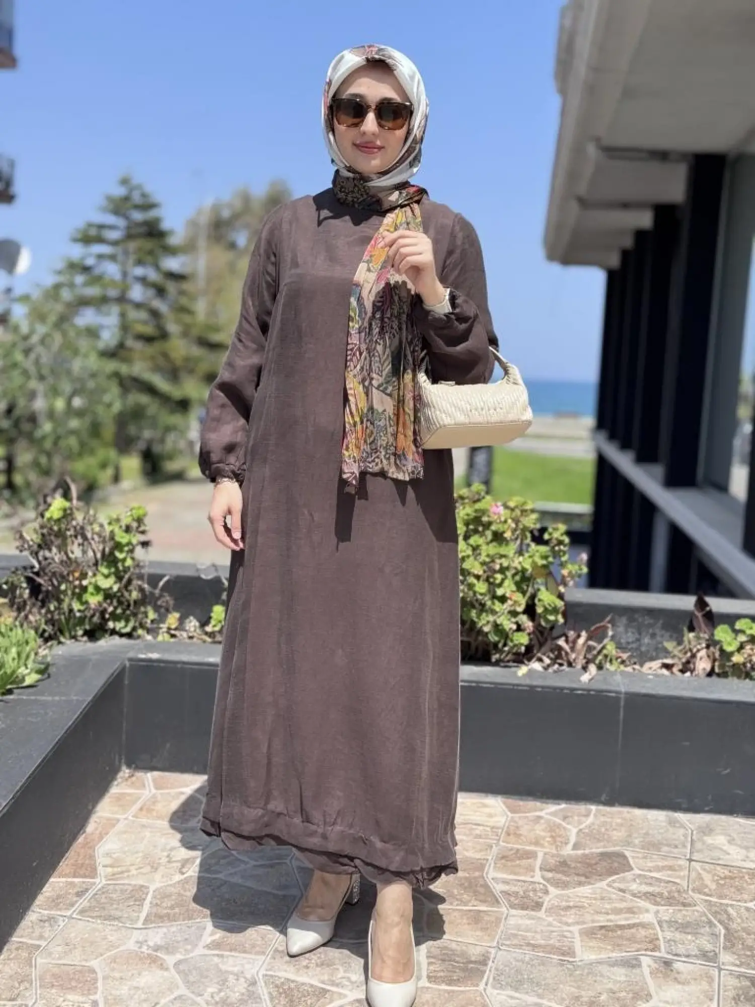 Misswhence Fular Ve Cep Detaylı  Büyük Beden Keten Elbise V3135