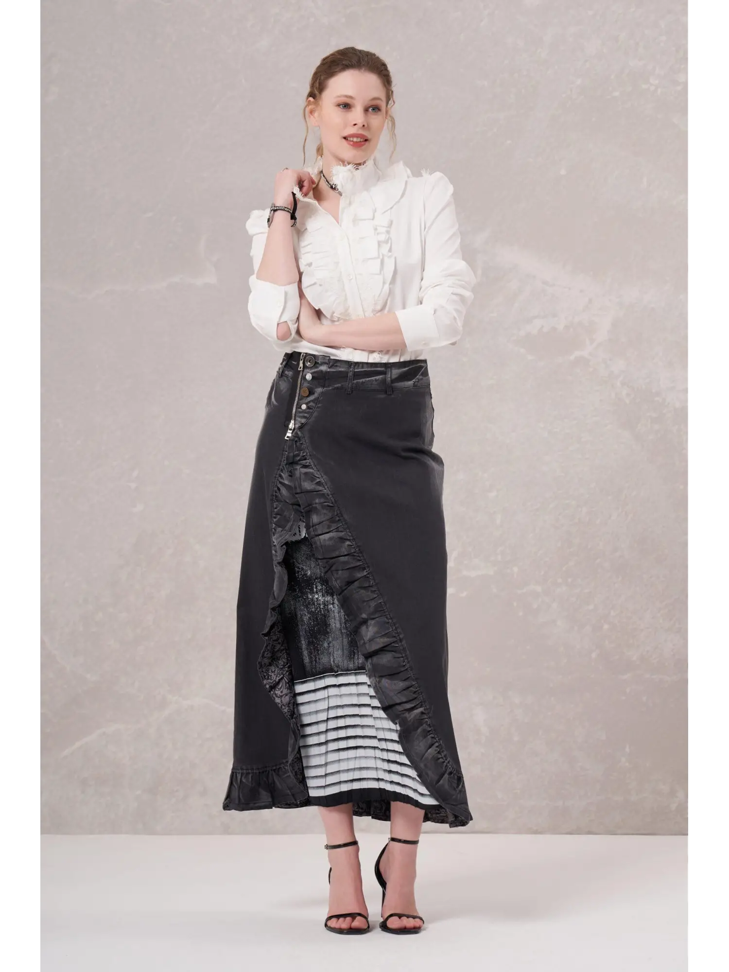 Misswhence İpek Baskı Detaylı Fırfırlı Kot Etek 35902