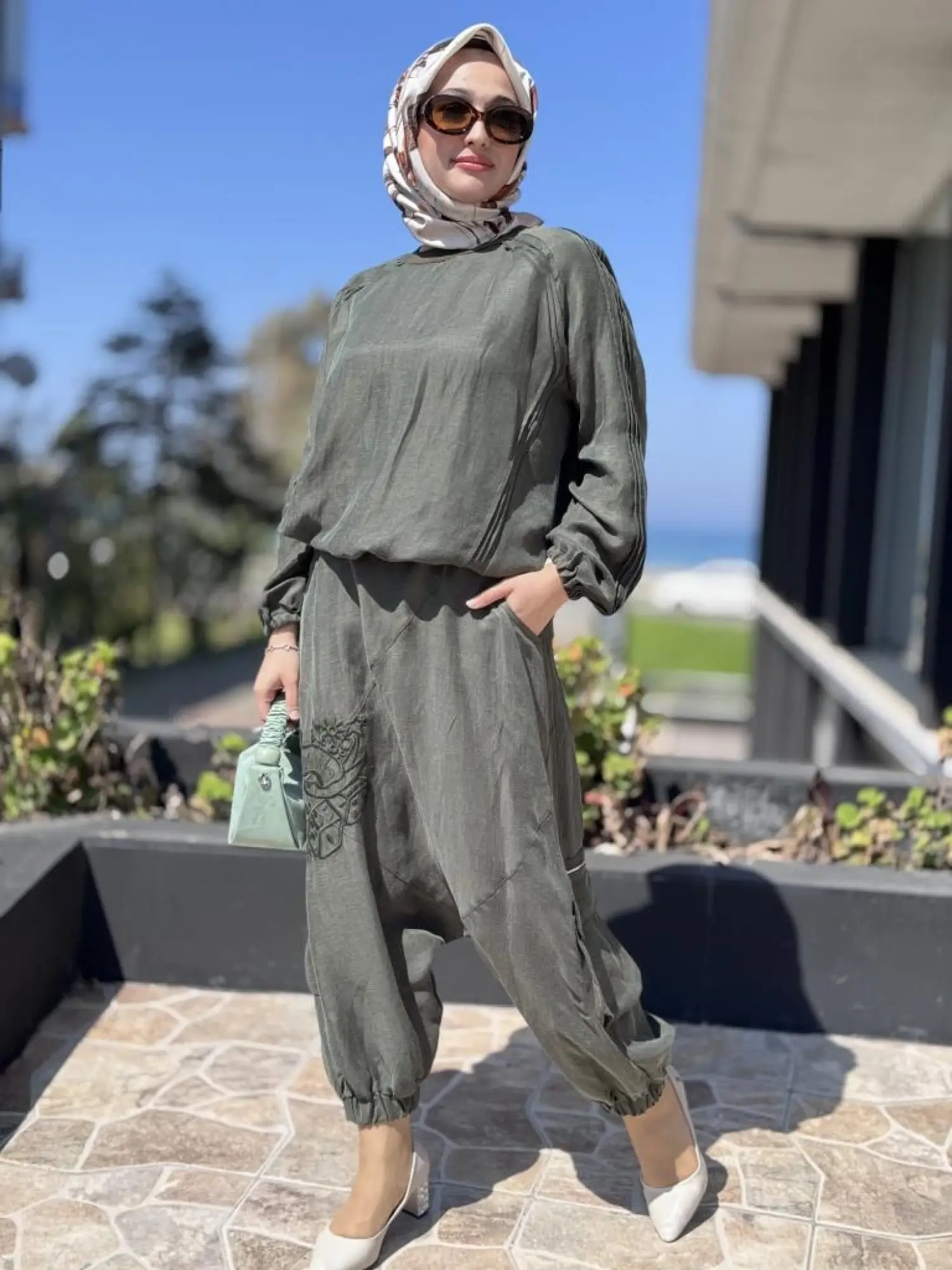 Misswhence İpek Keten Bluz Şalvar Etek Takım 37002