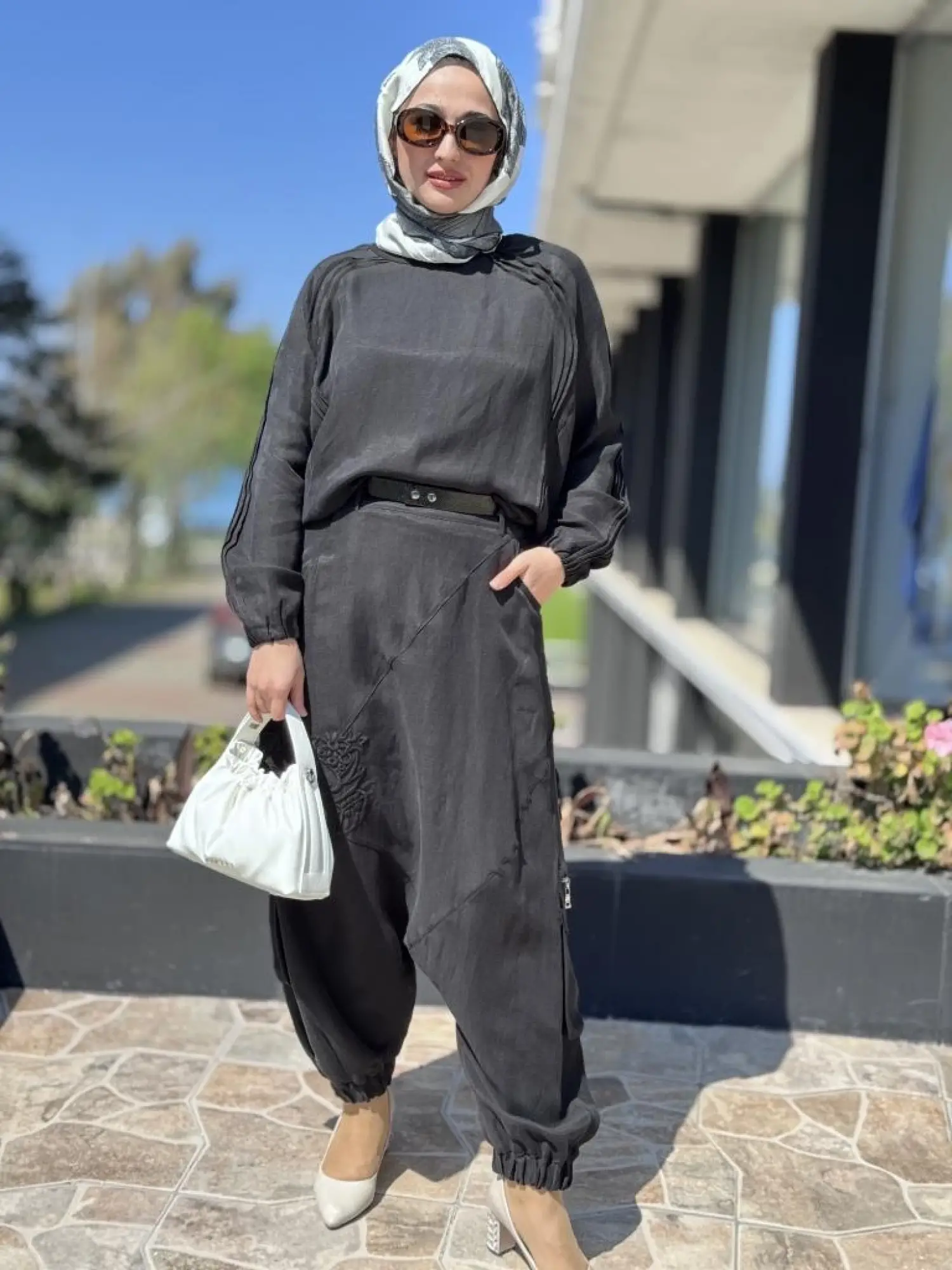 Misswhence İpek Keten Bluz Şalvar Etek Takım 37002