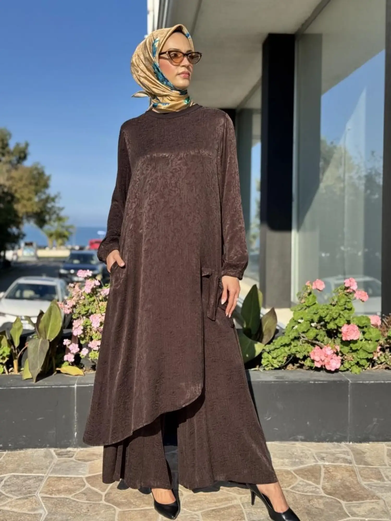 Misswhence Jakarlı Desenli İpek Tunik Pantolon Takım 36019