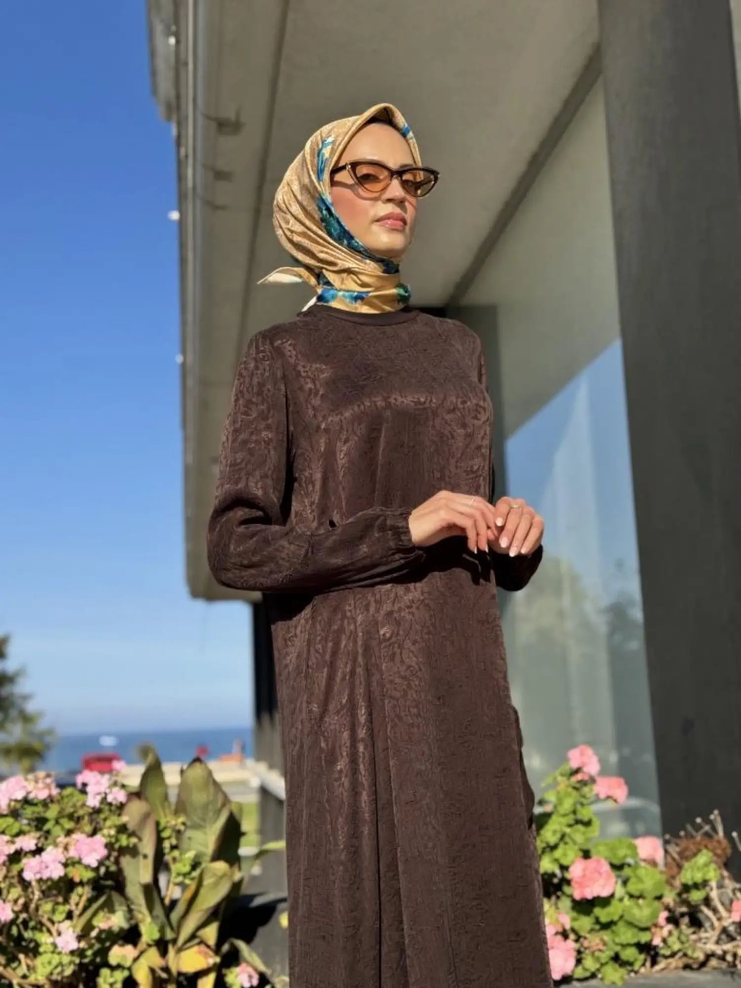 Misswhence Jakarlı Desenli İpek Tunik Pantolon Takım 36019