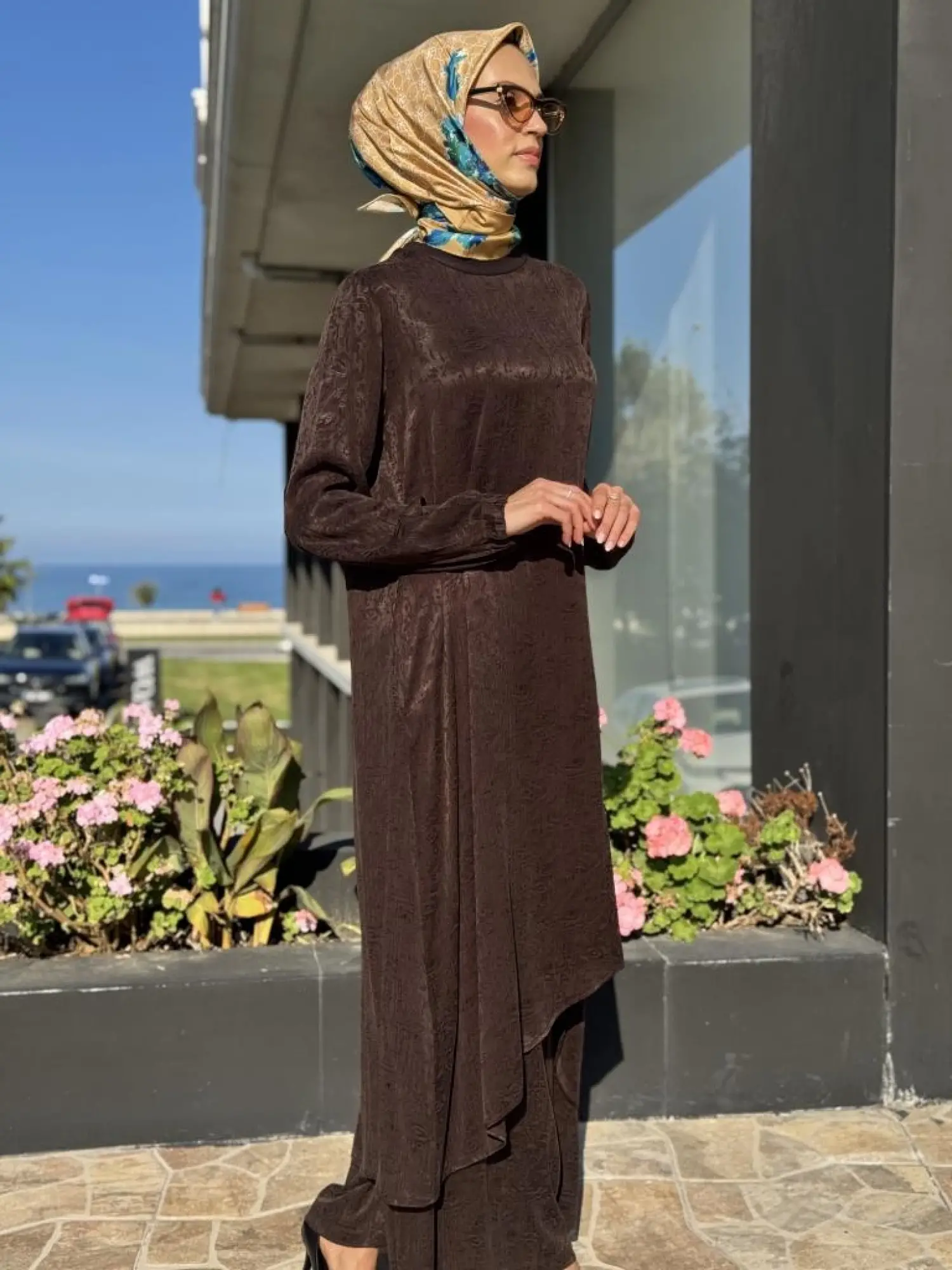 Misswhence Jakarlı Desenli İpek Tunik Pantolon Takım 36019