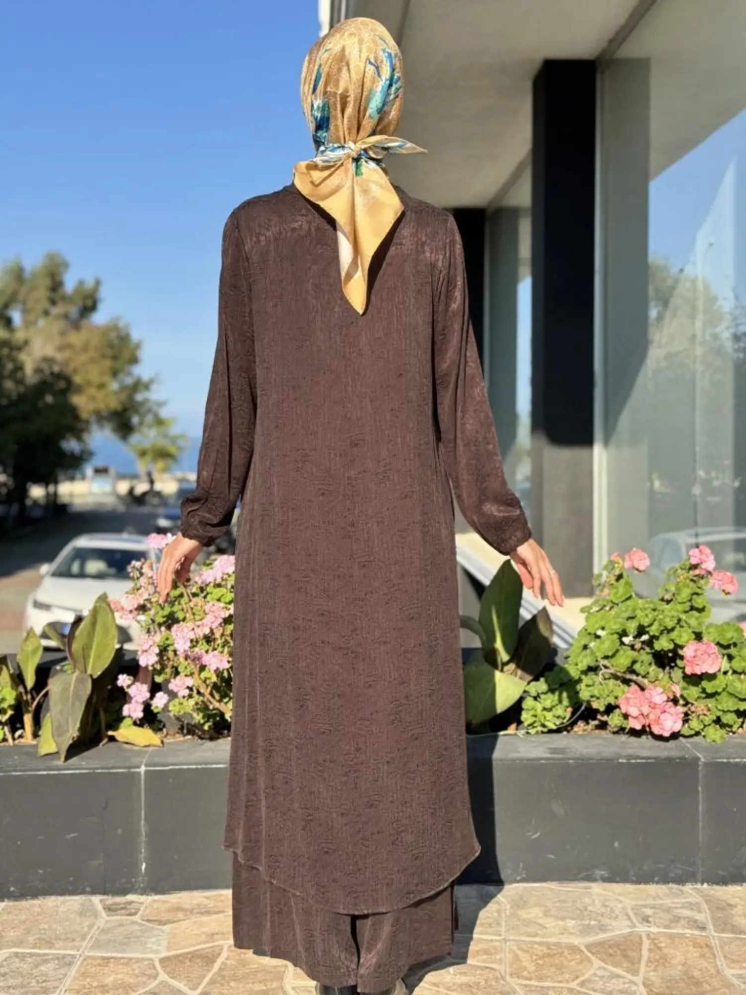 Misswhence Jakarlı Desenli İpek Tunik Pantolon Takım 36019