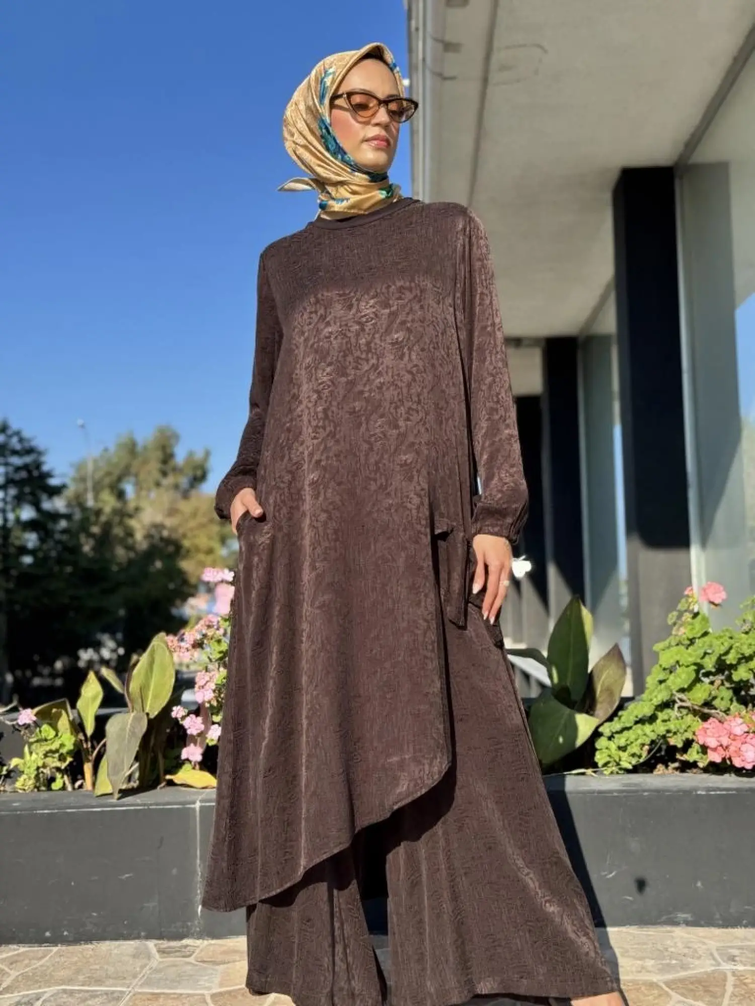 Misswhence Jakarlı Desenli İpek Tunik Pantolon Takım 36019