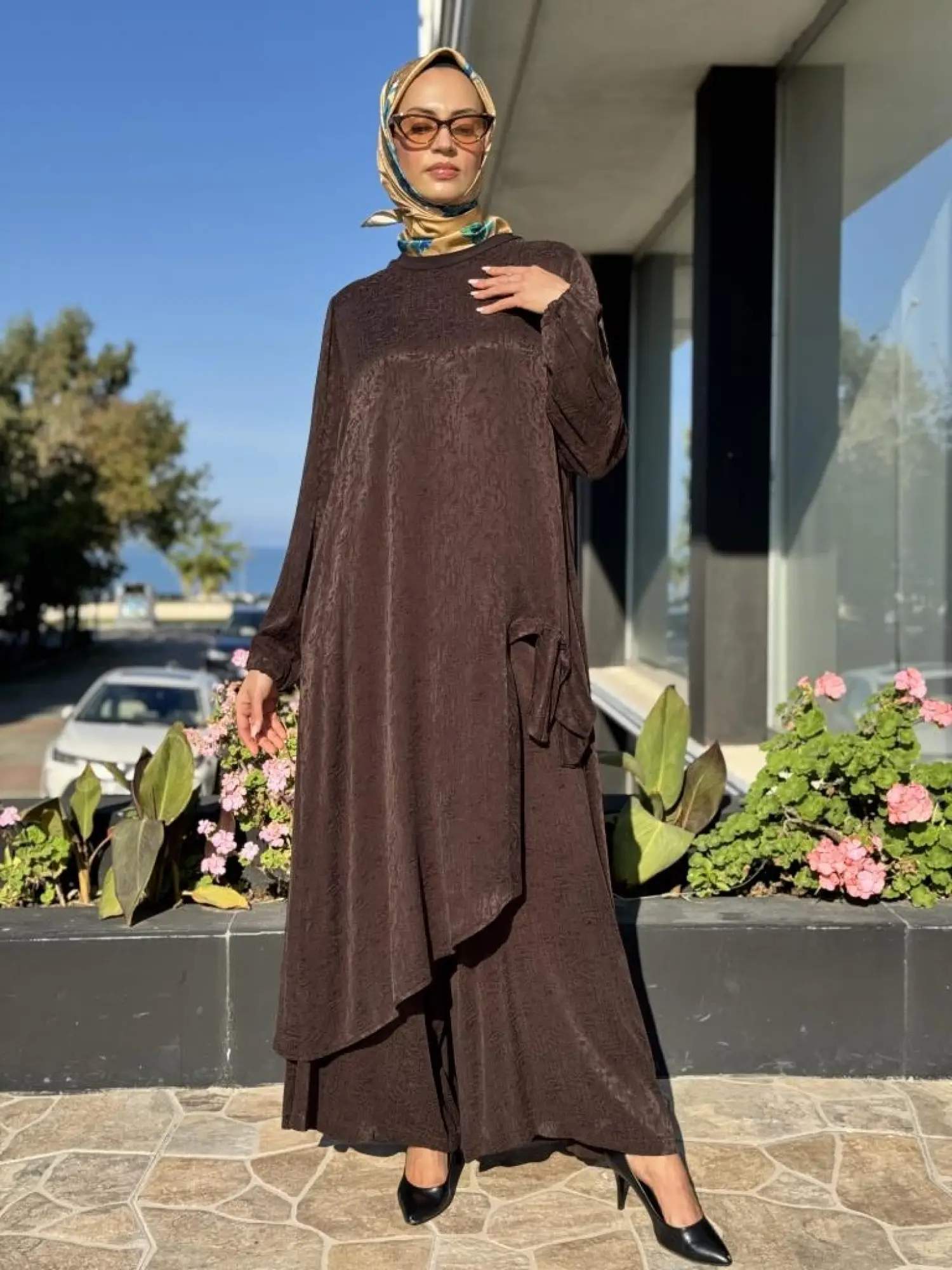 Misswhence Jakarlı Desenli İpek Tunik Pantolon Takım 36019