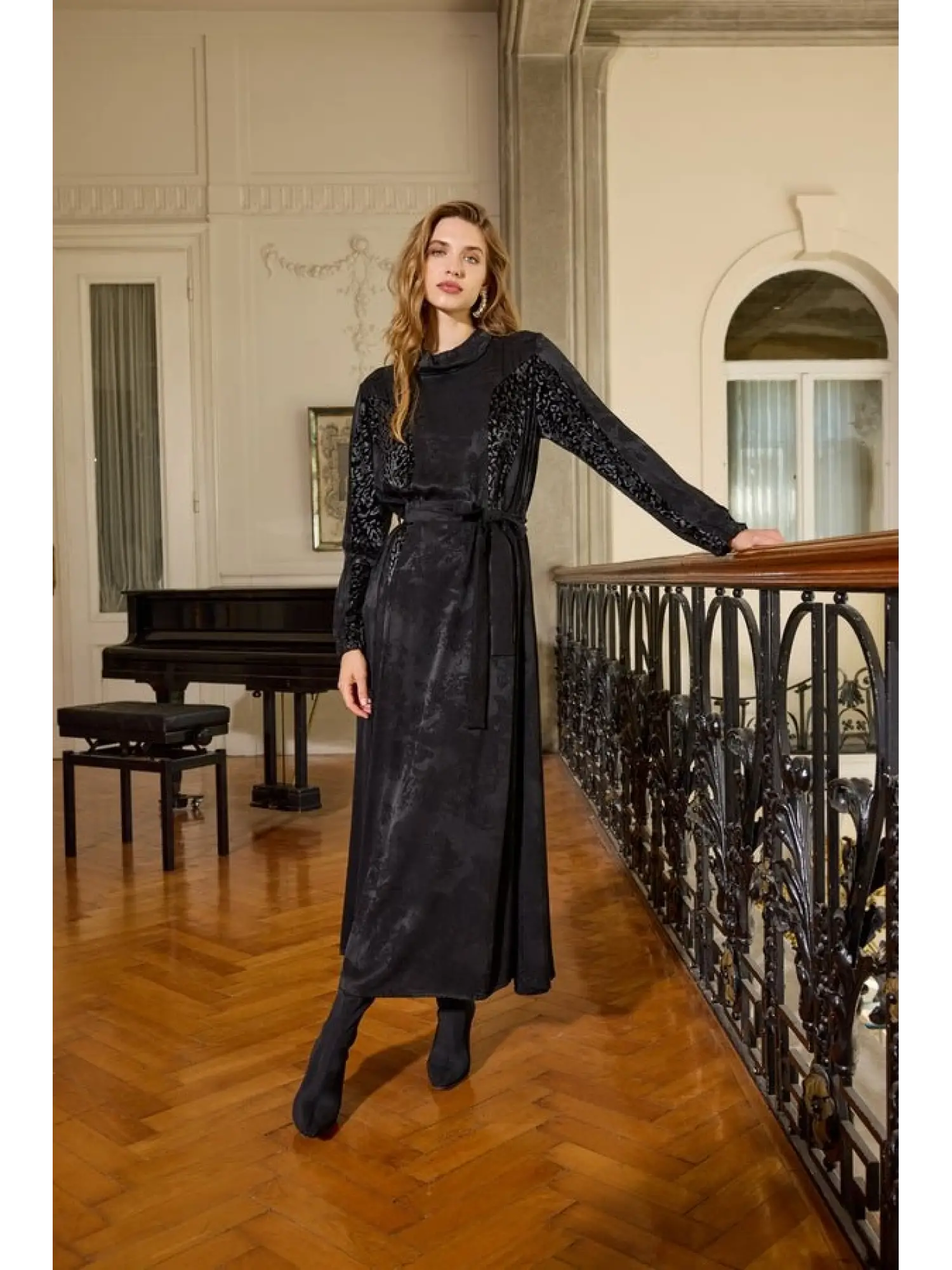 Misswhence Kadife Detaylı Jakarlı Cupra İpek Elbise 38801