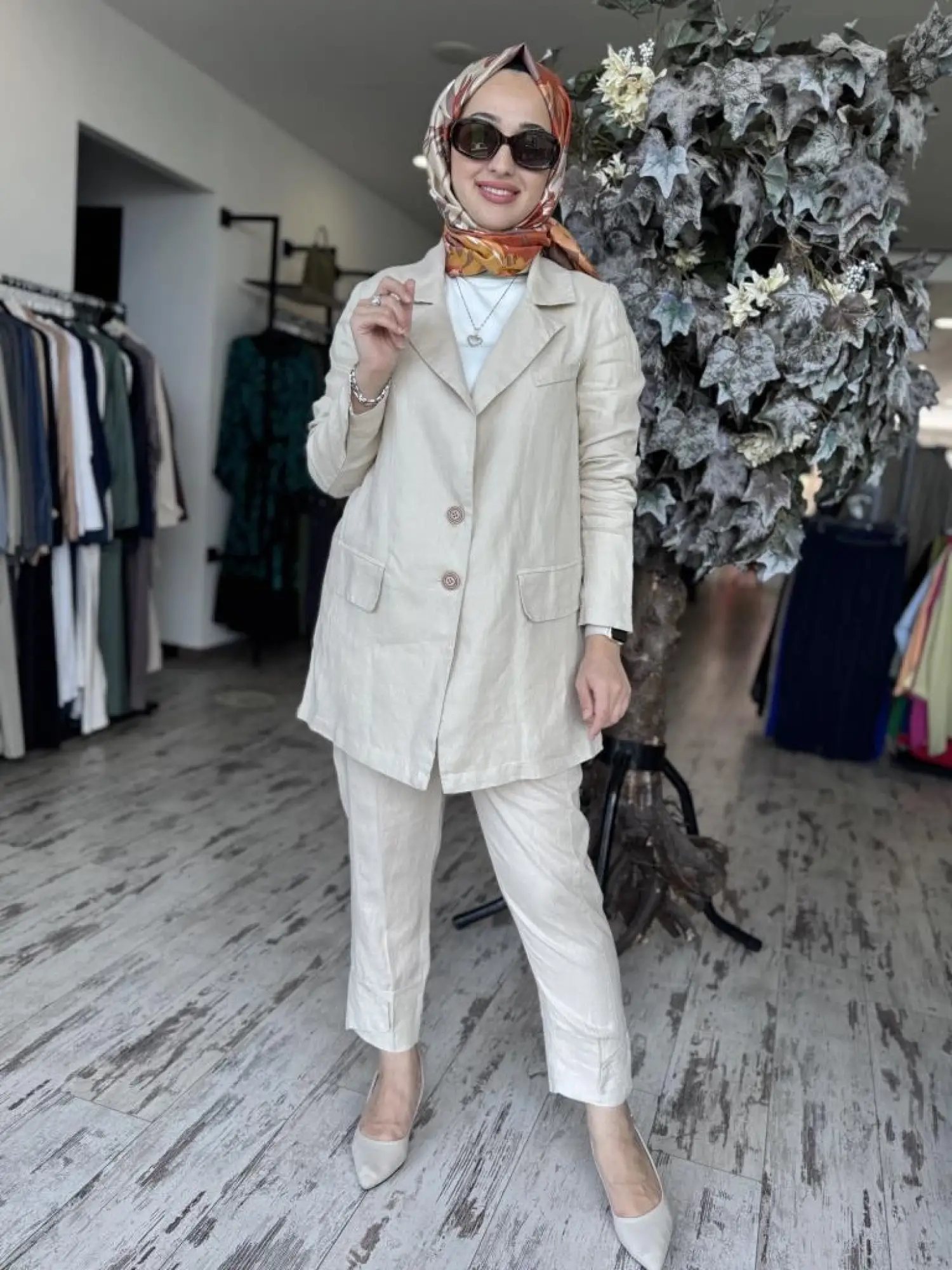 Misswhence Keten Kruvaze Ceket Pantolon Takım 37207