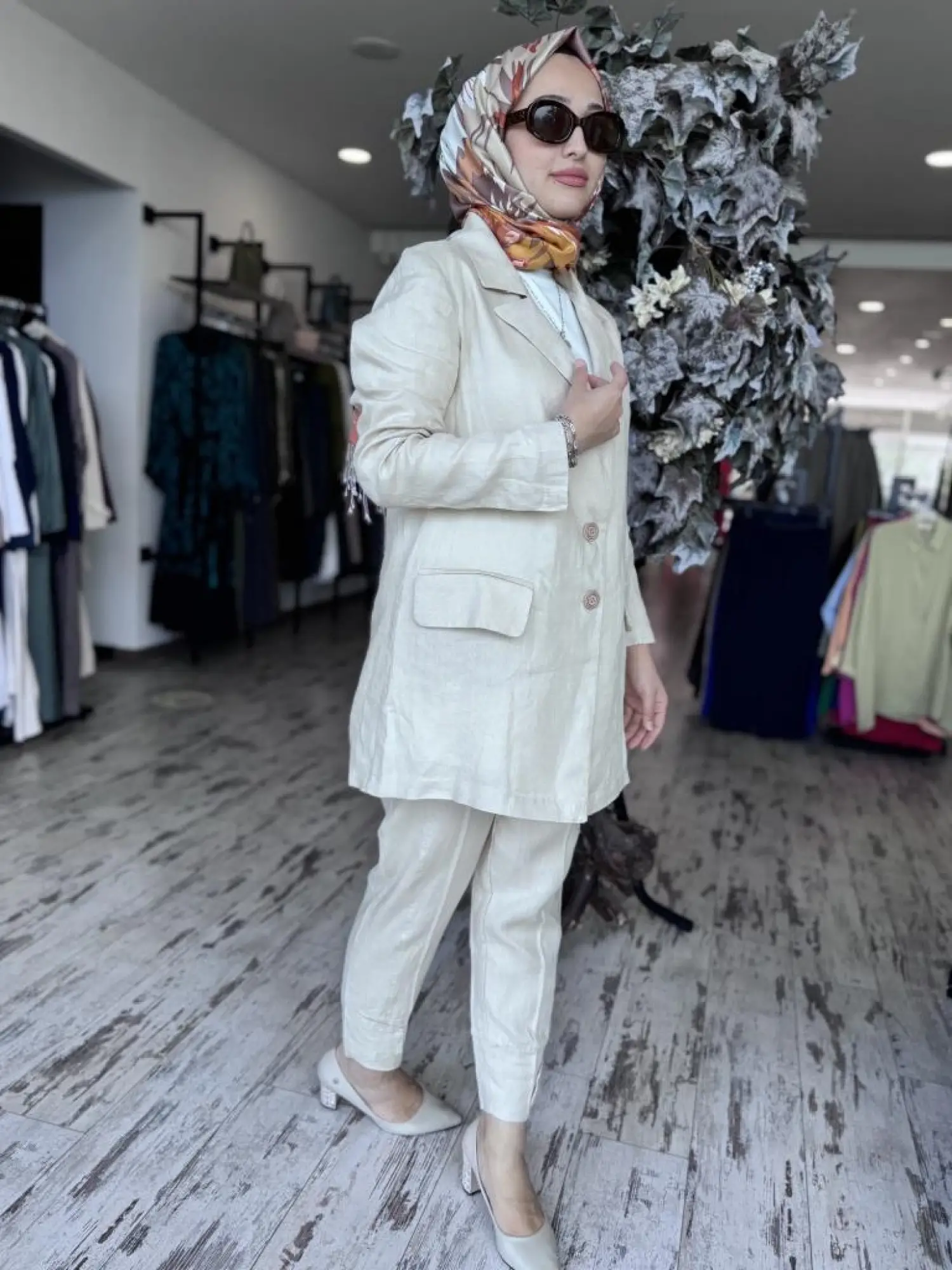 Misswhence Keten Kruvaze Ceket Pantolon Takım 37207