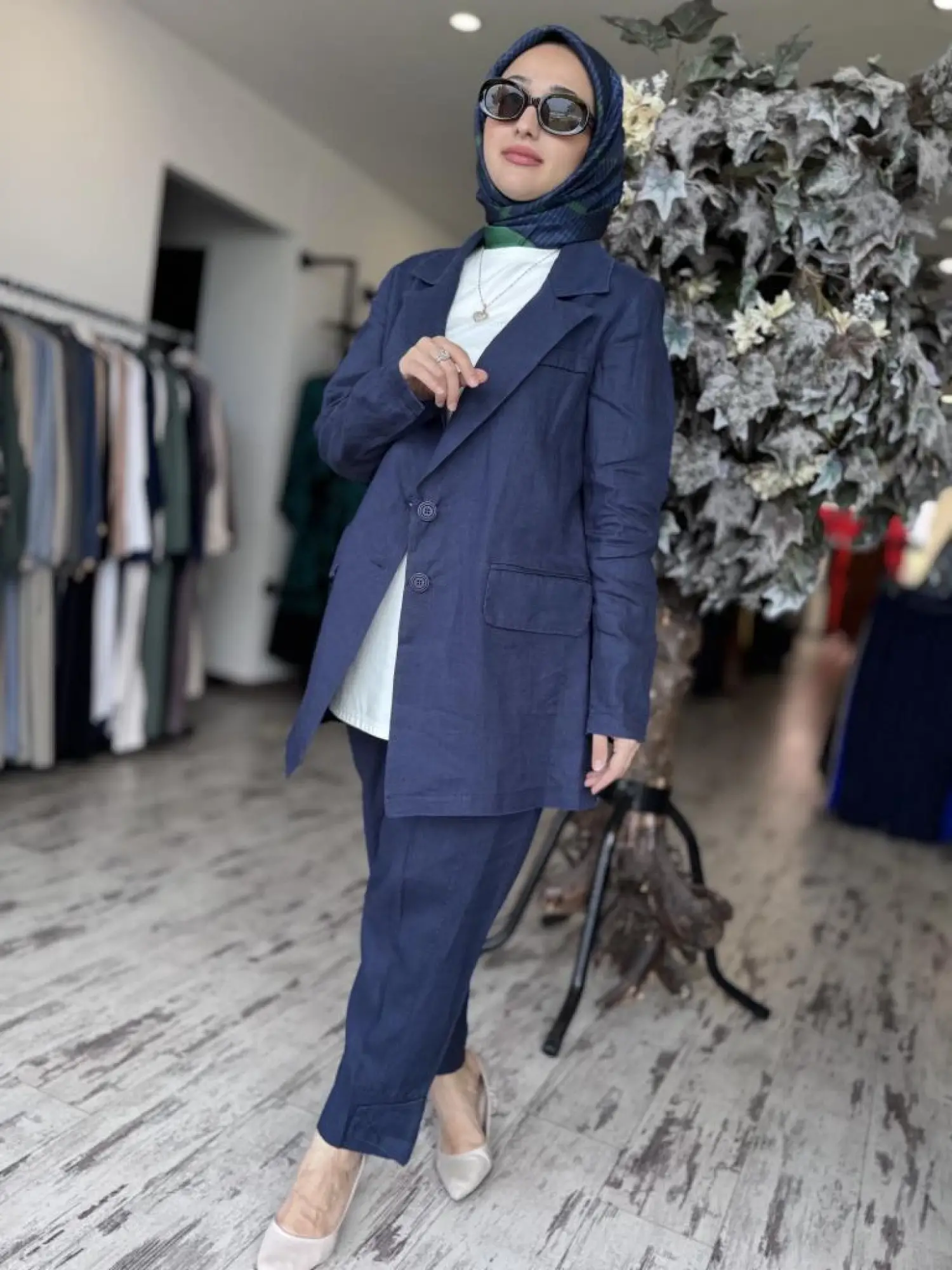 Misswhence Keten Kruvaze Ceket Pantolon Takım 37207