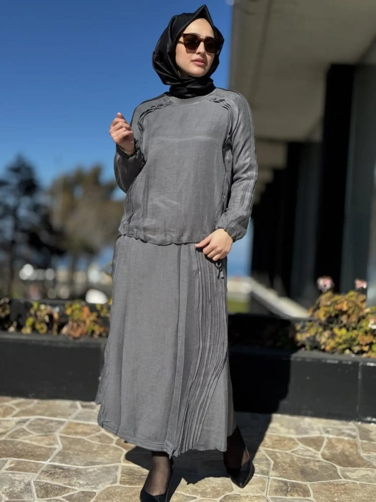 Misswhence Nervür Detaylı İpek Keten Bluz Etek Takım 37009