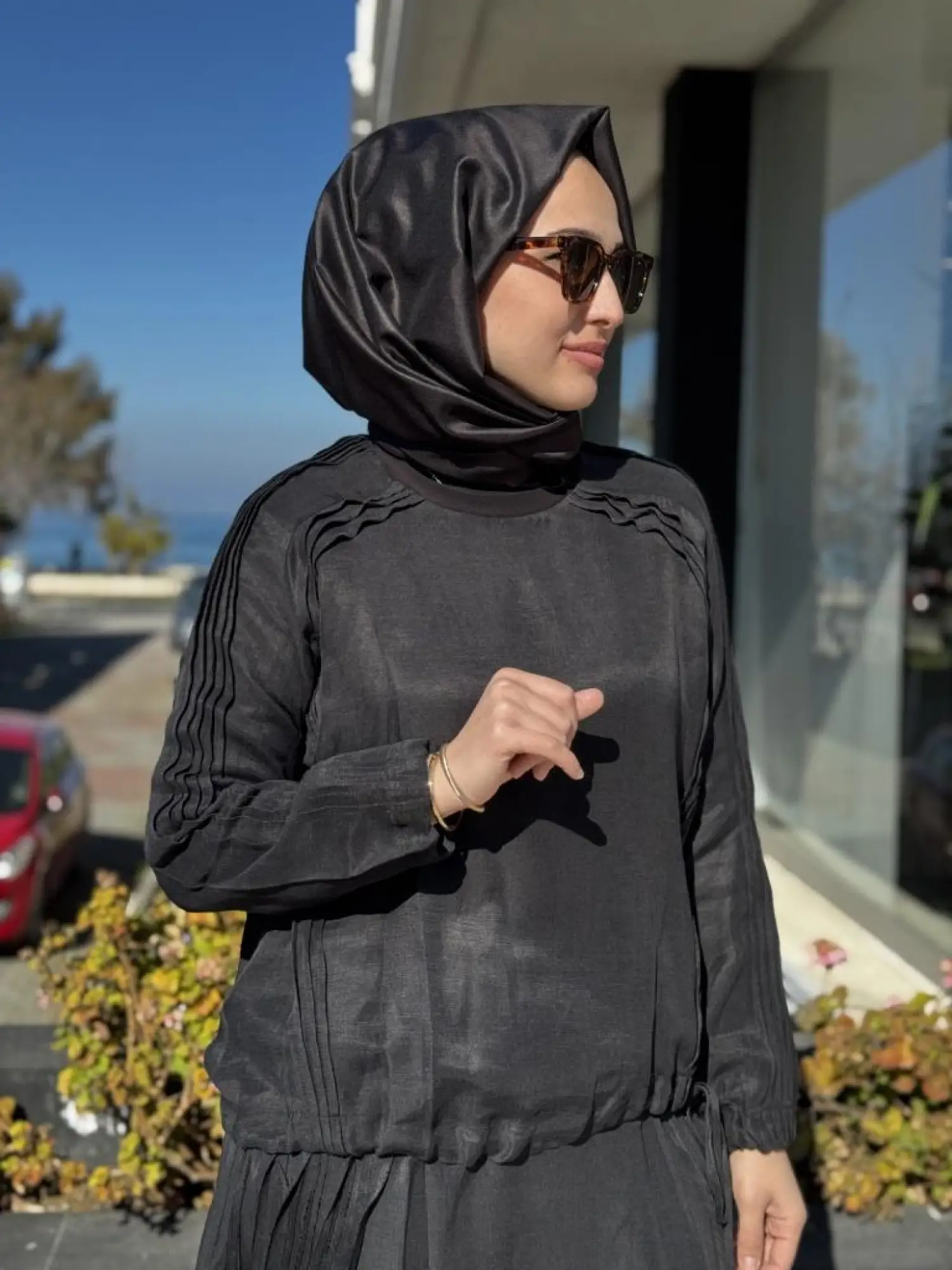 Misswhence Nervür Detaylı İpek Keten Bluz Etek Takım 37009