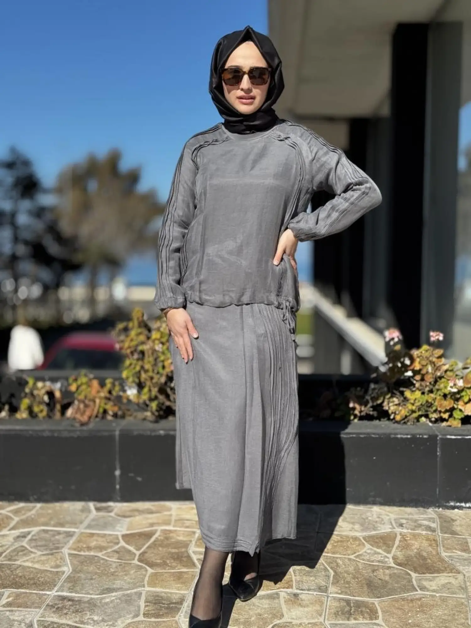 Misswhence Nervür Detaylı İpek Keten Bluz Etek Takım 37009