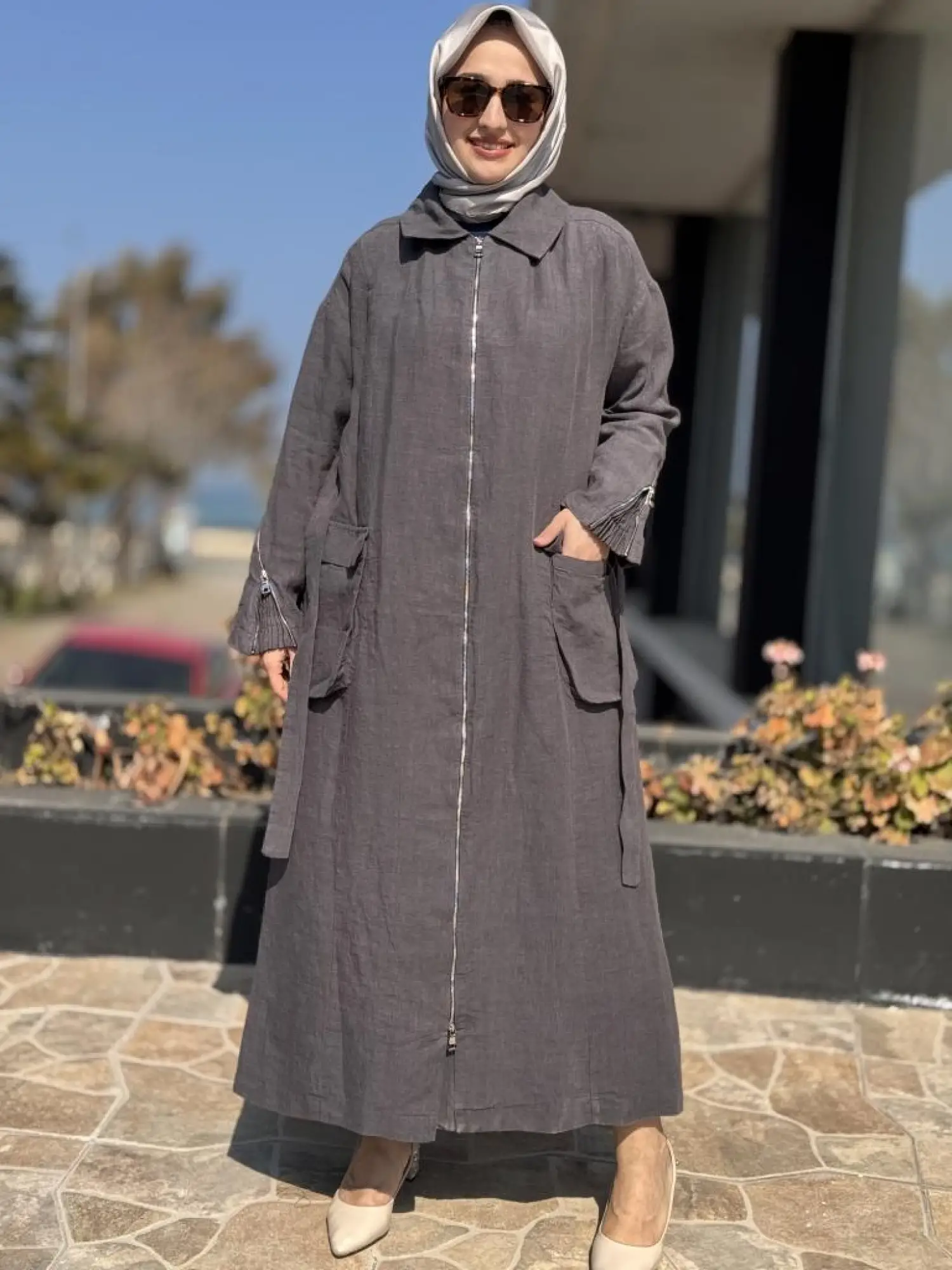 Misswhence Ön ve Arkası Fermuarlı Torba Cepli Keten Pardesü 37509