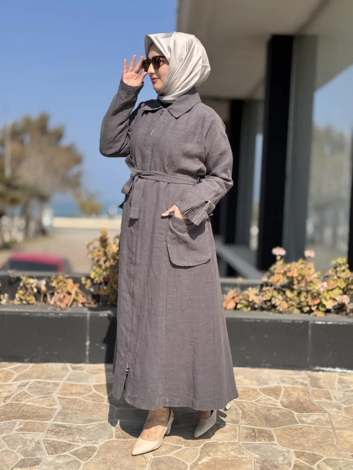 Misswhence Ön ve Arkası Fermuarlı Torba Cepli Keten Pardesü 37509