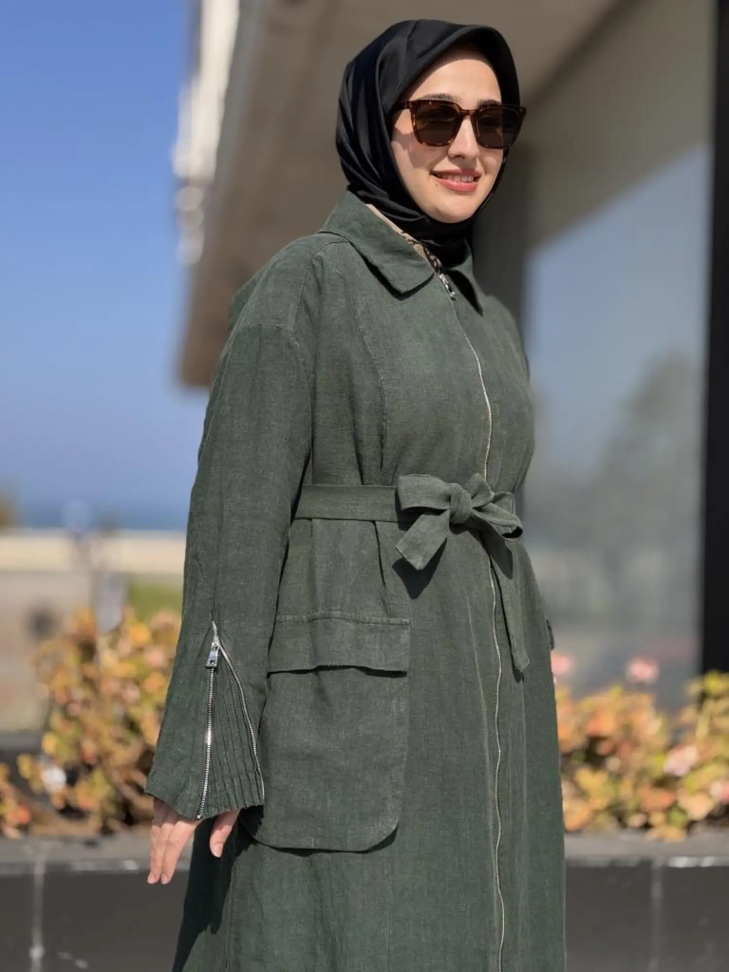 Misswhence Ön ve Arkası Fermuarlı Torba Cepli Keten Pardesü 37509