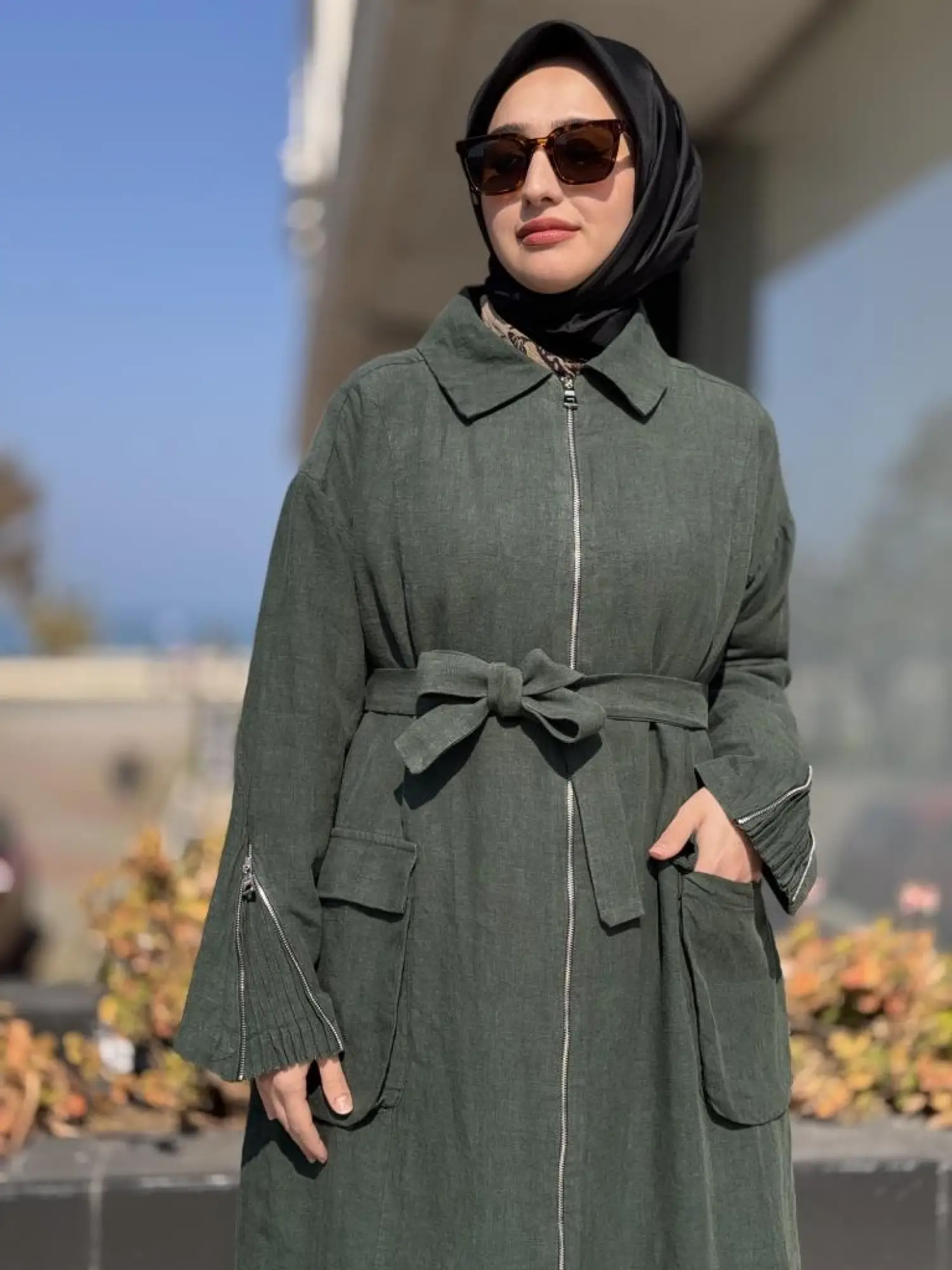 Misswhence Ön ve Arkası Fermuarlı Torba Cepli Keten Pardesü 37509