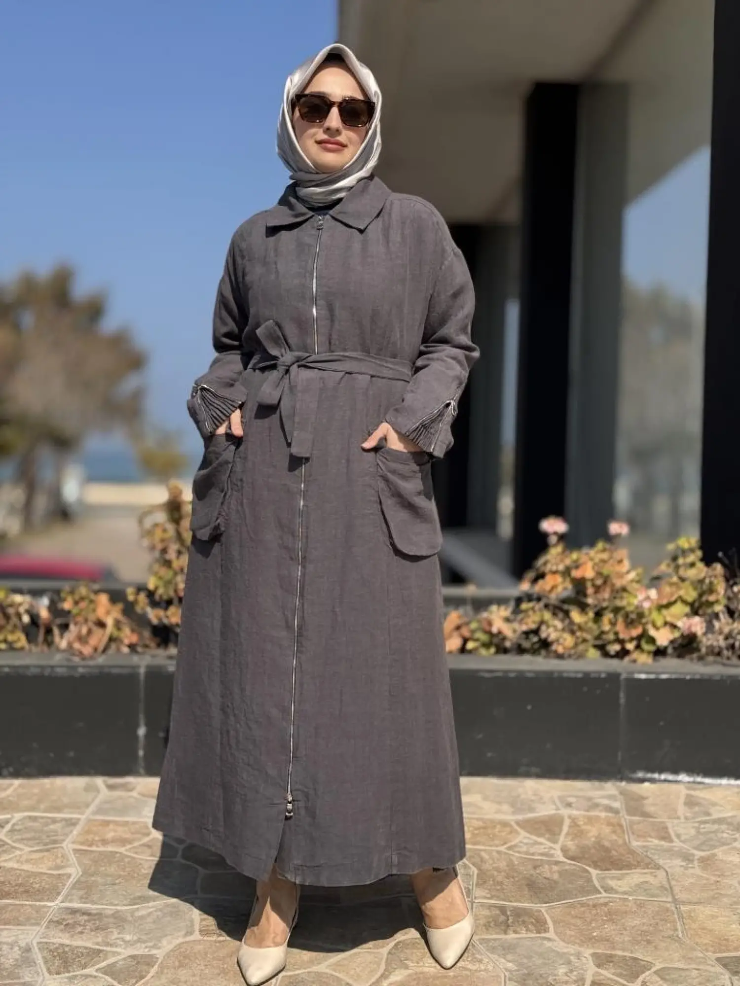 Misswhence Ön ve Arkası Fermuarlı Torba Cepli Keten Pardesü 37509