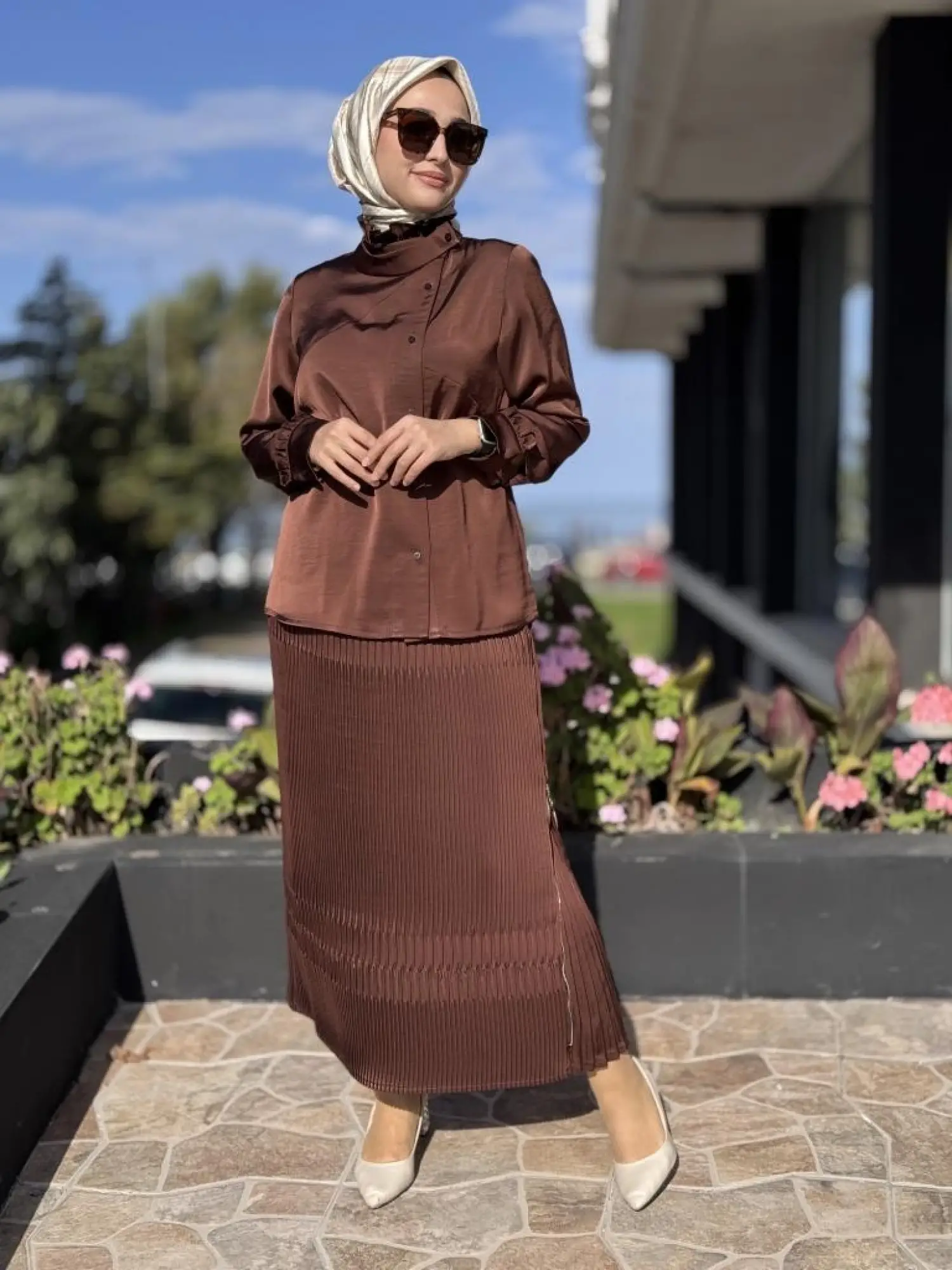 Misswhence Saten Pliseli Fermuarlı Etek Gömlek Takım 38015